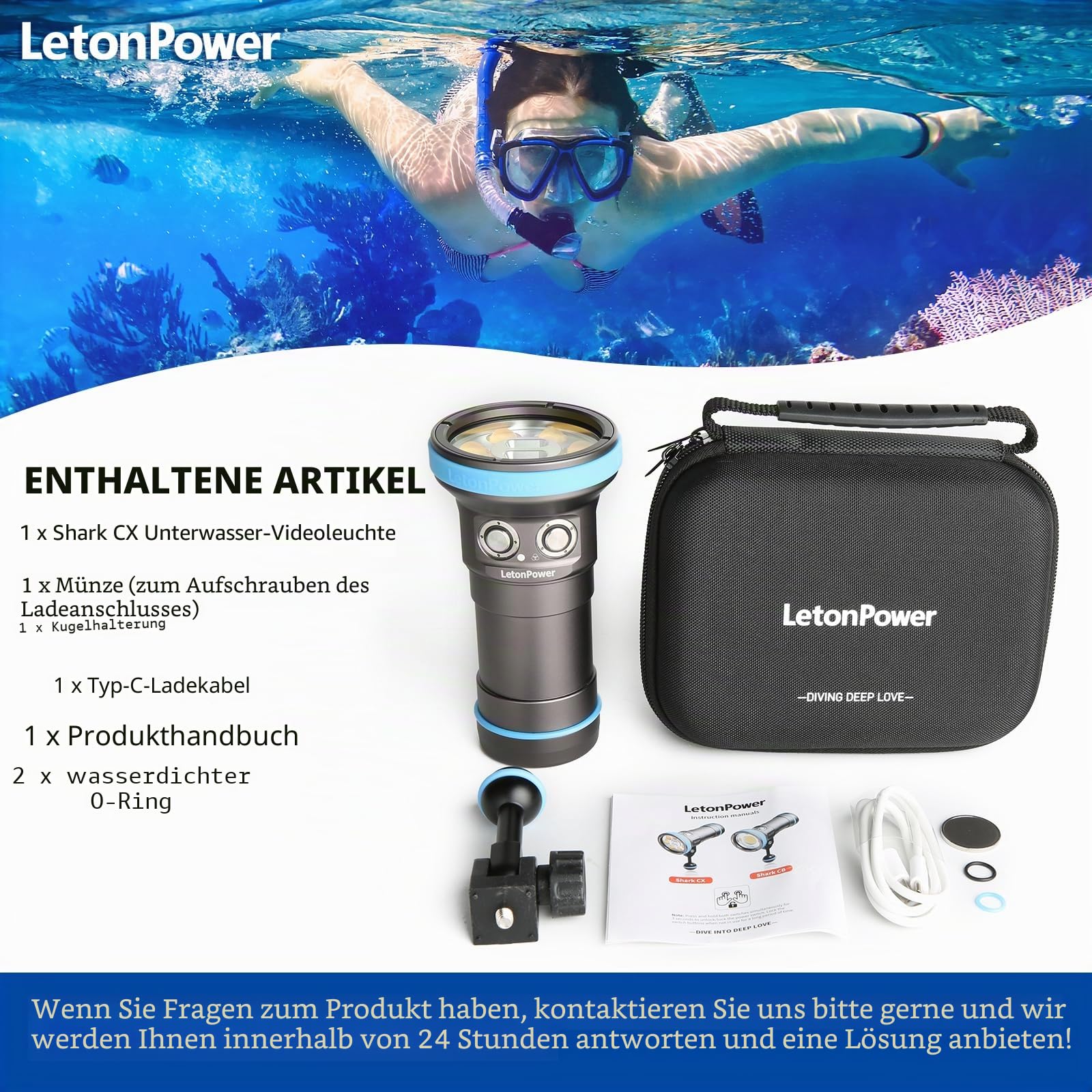 Shark CX tauchlampe Video 8000 Lumen - IP68 wasserdichte Videoleuchte (120m), CRI 98 mit 120°-Winkel, USB-C wiederaufladbar für Unterwasser videoleuchte