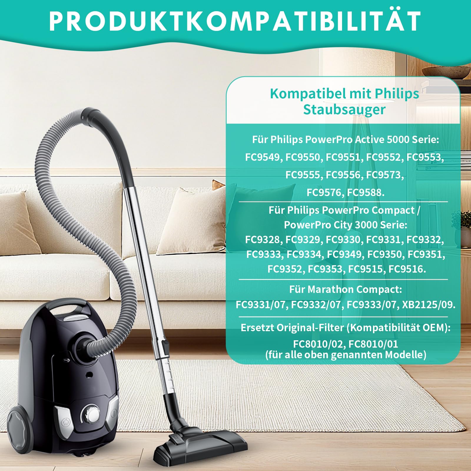 Filtros para Philips Aspiradora, 5 Piezas Filtros Compatibles con Philips Power Cyclone 5, Power Pro Compact, PowerPro City, FC9331, FC9332, FC9334, FC9550, FC9555, FC8010/01, FC8010/02
