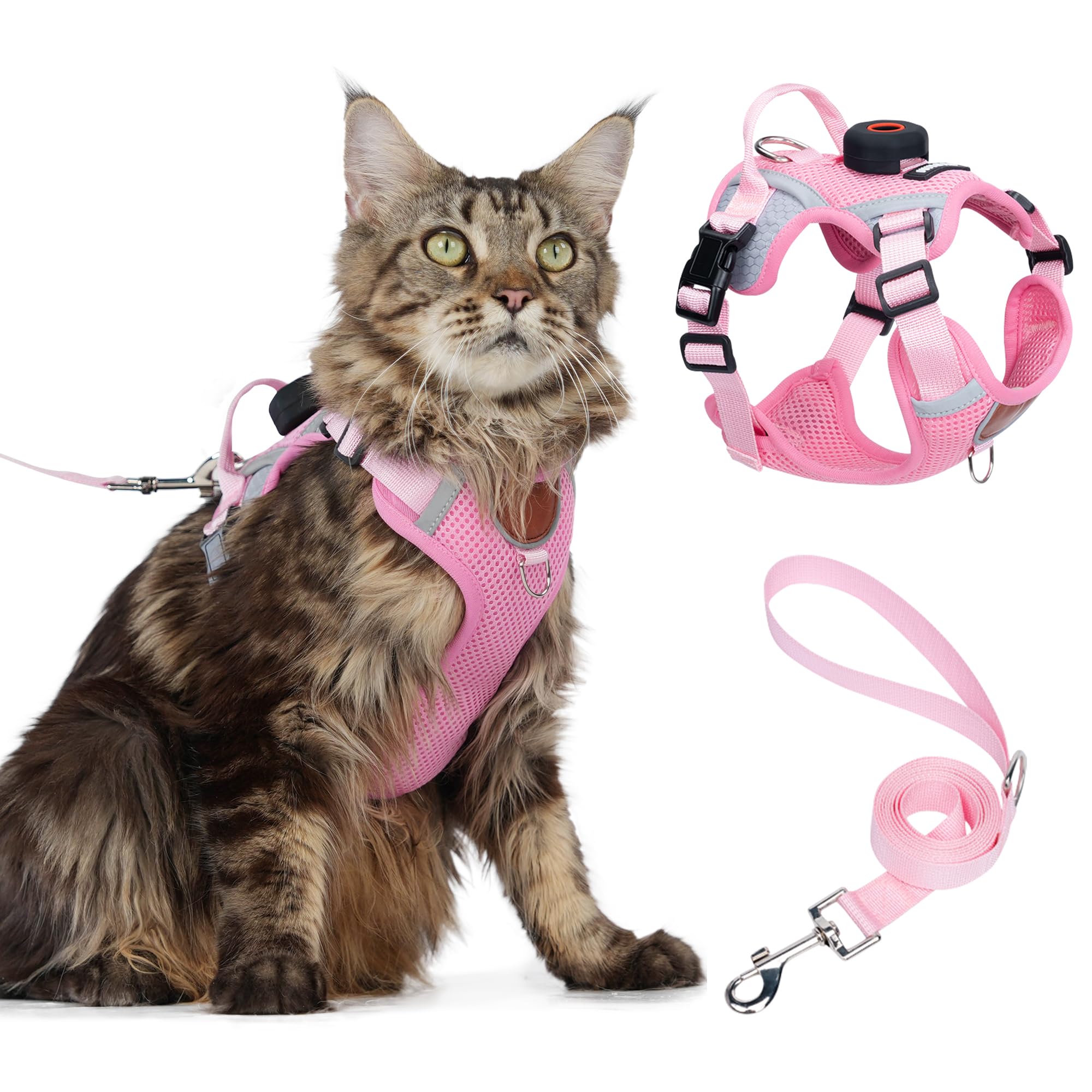 Cat Harness and Leash Set With AirTag Holder, Escape Proof Adjustable Kitten Harness with Lead for Small Cat Outdoor Walking, Soft Breathable Mesh Jacket with Reflective Strips M, Rose Pink