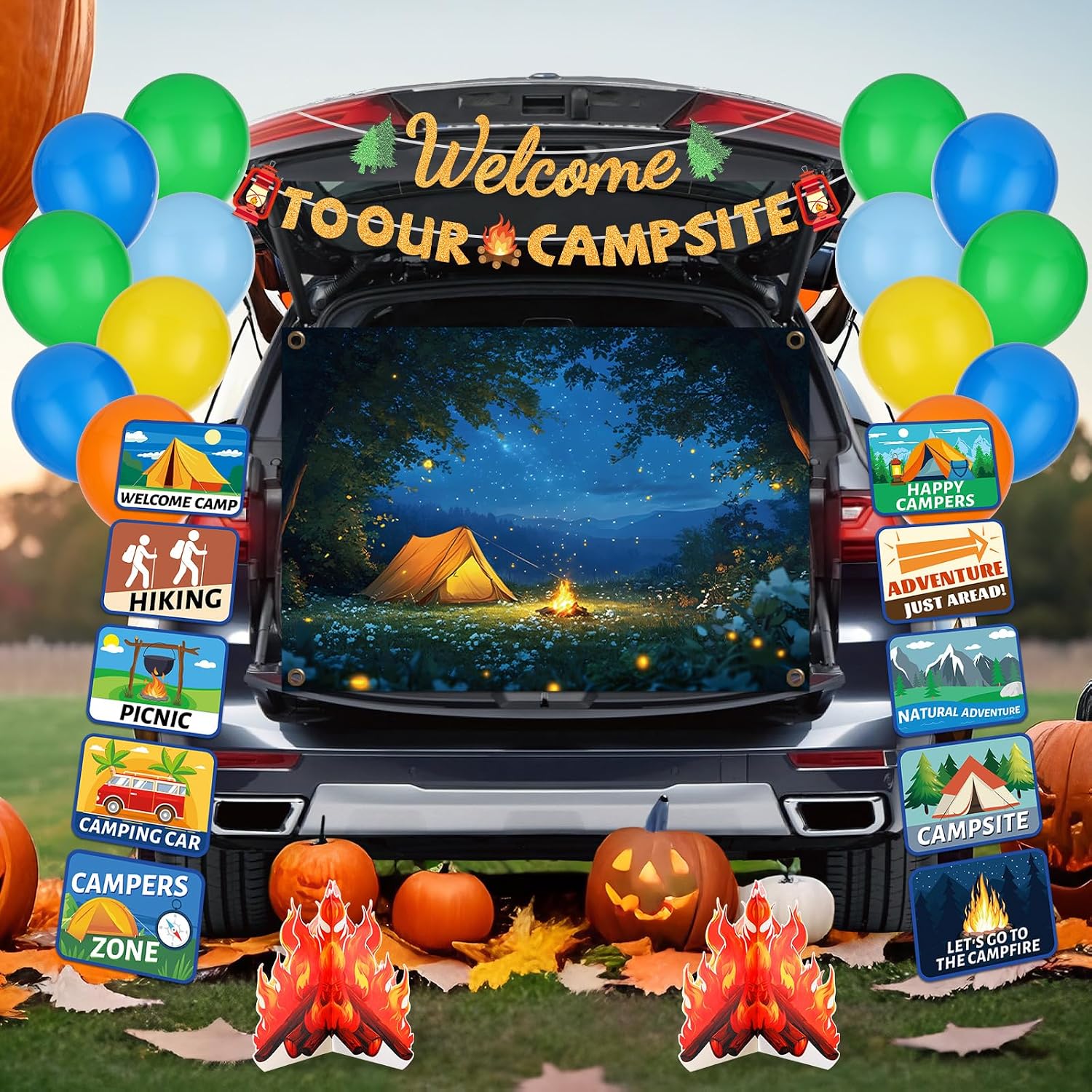 31 Pcs Halloween Trunk or Treat Car Decorations Kits Camping Party Photo Backdrop Camp Sign Campfire Cutouts Balloons Banner Decor for SUV Halloween Party Car Garage Door Entryway Campsite Decors