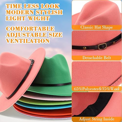 Vista 3 de Yahenda 12 sombreros clásicos de ala ancha para mujer, sombrero de Panamá de fieltro ajustable a granel con hebilla de cinturón, sombrero de ala