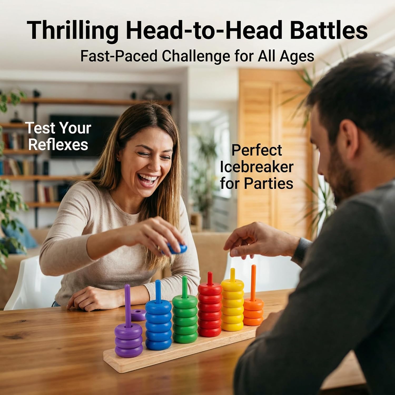 Color Stack Challenge Game, Ring Stack Race Color Matching Puzzle with Challenge Cards, Competitive Speed Logic Tabletop Brain Teaser for Family Game Night, 2 Player Set with Racks and Rings (2-Pack)