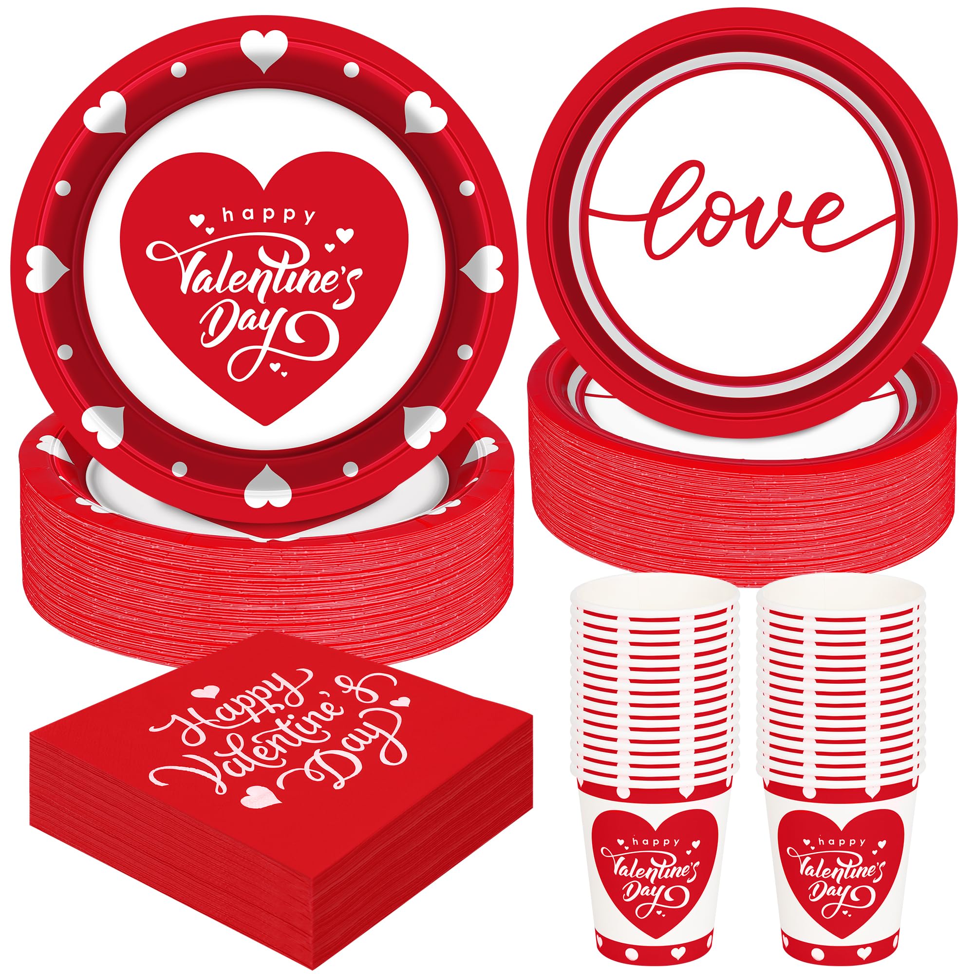 120 PCS Valentines Day Decor, 30 Set 9" Dinner Plates and 7" Dessert Plates Cups Napkins Set, Disposable Paper Plates Love Heart Tableware Dinnerware Home Party Decorations