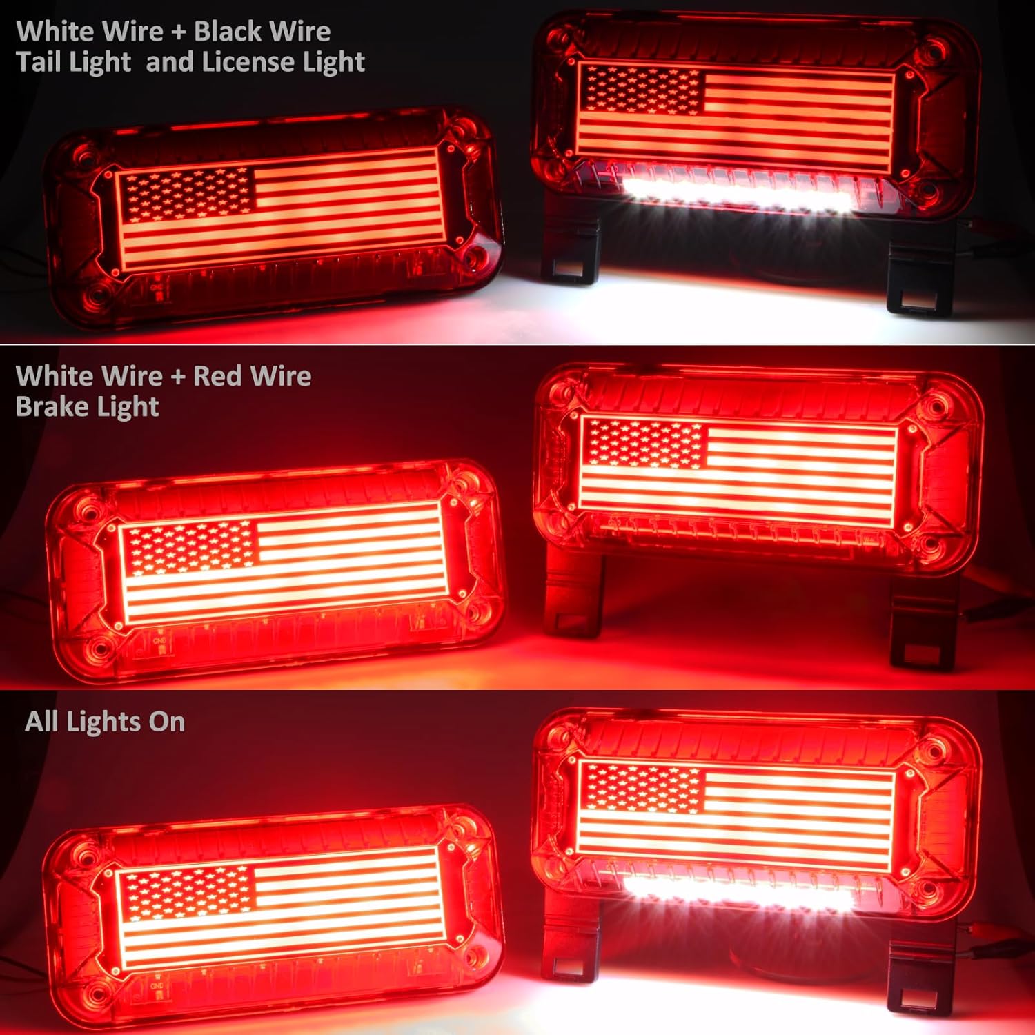 Striking Flag Rectangular LED RV Trailer Lights, 57-LEDs Stop Turn Tail Lights w/White License Plate Light, Surface Mount Sealed Waterproof, DC 12V(Smoked Lens_Red LED)