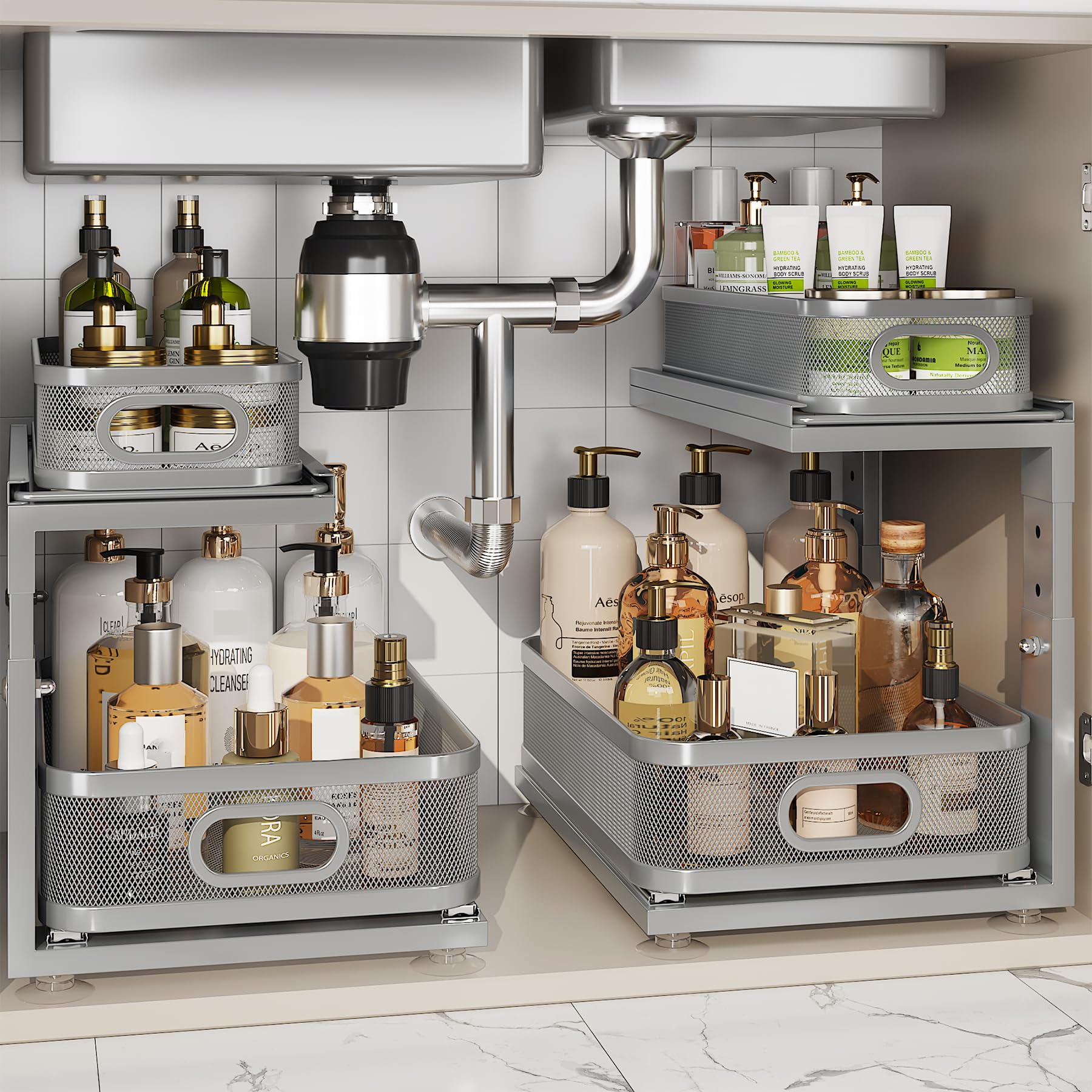 2 Pack 15.5IN-Depth Under Sink Organizer With Next-Gen Ball-Bearing Slides,2-Tier Precision Mesh Pull Out Cabinet Storage for Bathroom&amp;Kitchen,Height Adjustable Drawers Shelf,Anti-rust-Grey