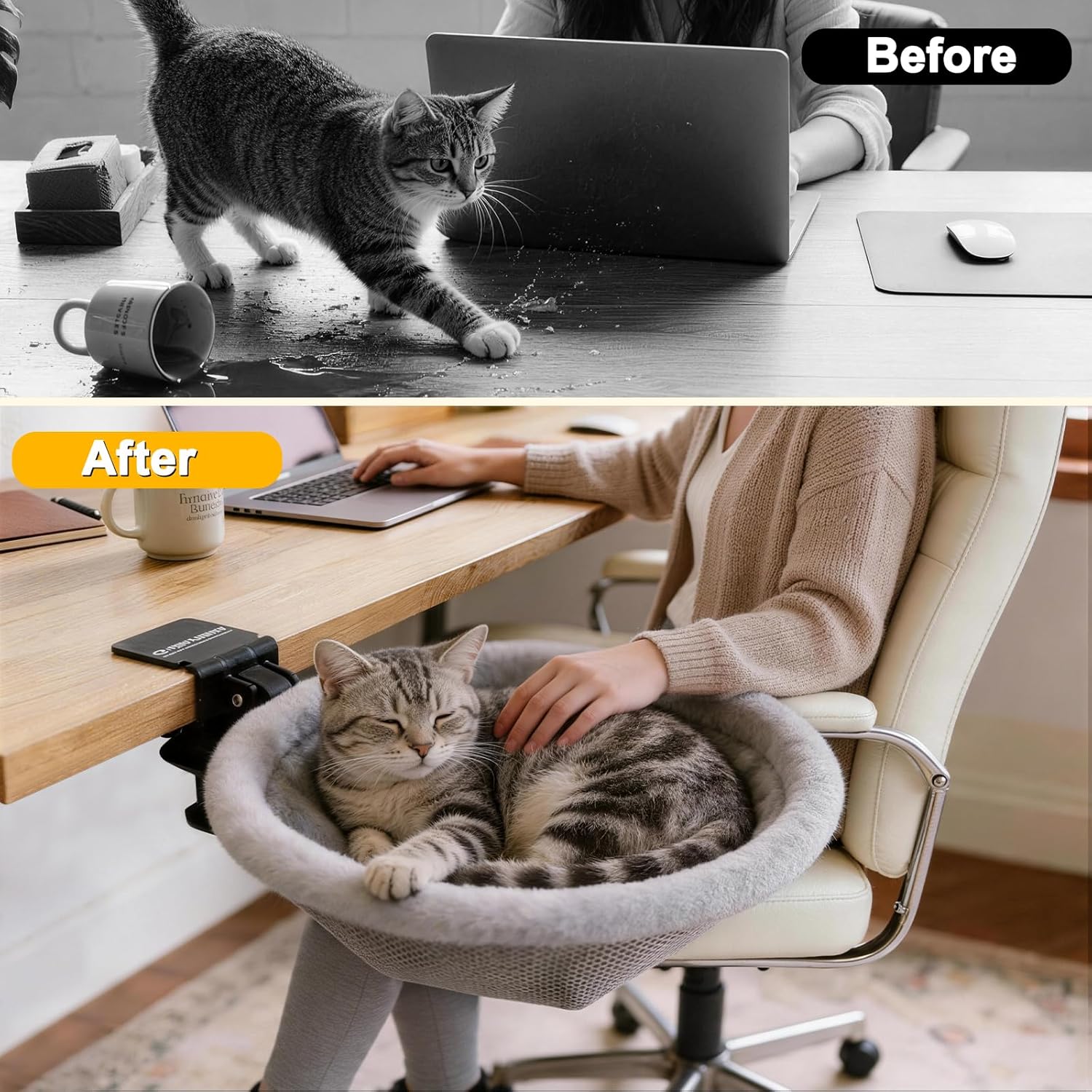 Cozy Cat Desk Bed for Home Office, Sunken Foldable Cat Hammock with 2 Cushions Dual-Sided Reversible, Breathable and Warm Kitten Bed for Table, Space Saving Bedside Circular Cat Bed Supports 40 lb