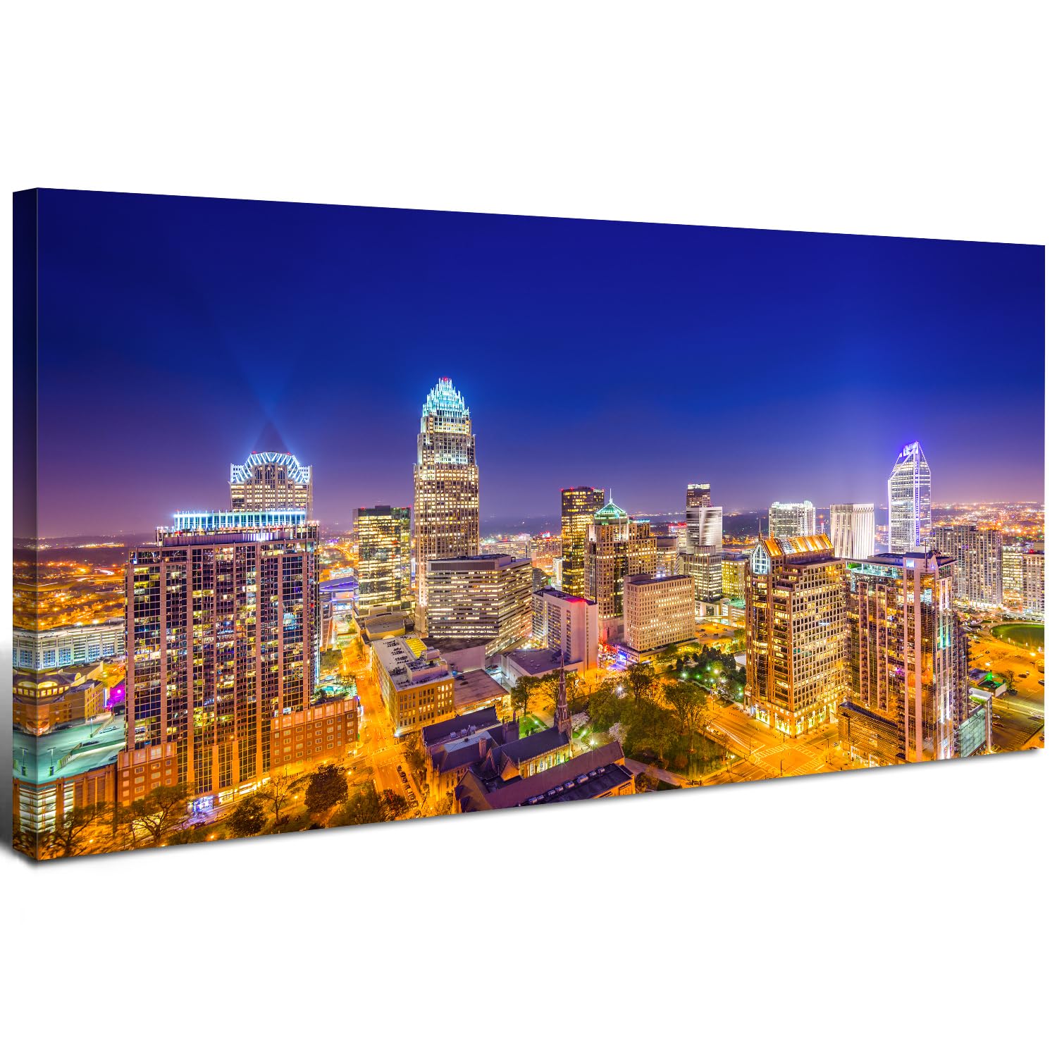 Charlotte City Skyline Wall Art Blue Night Cityscape Wall Decor North Carolina City Panoramic Landscape Canvas Prints Pictures Modern Skyscraper Artwork for Living Room Office Home Decoration 24x48"