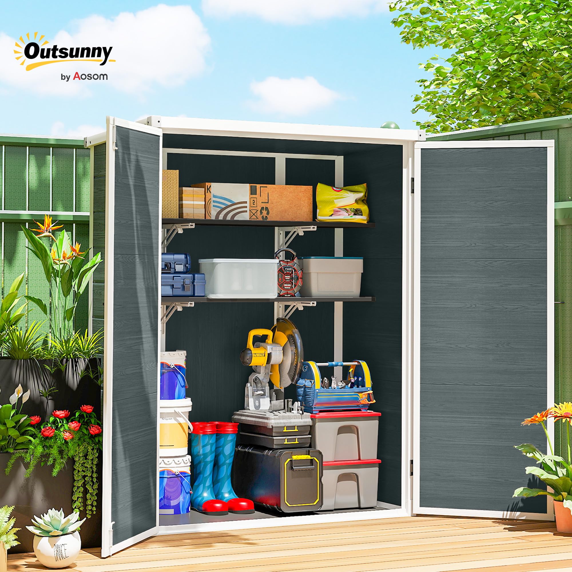 Outsunny Gerätehaus 0,8m², Geräteschuppen mit klappbar Regale, 134 x 68,5 x 170 cm, Kunststoff Gartenschuppen mit Schnell Aufbau Doppeltür Boden Schloss Handschuhe Gartenhaus für Werkzeuge