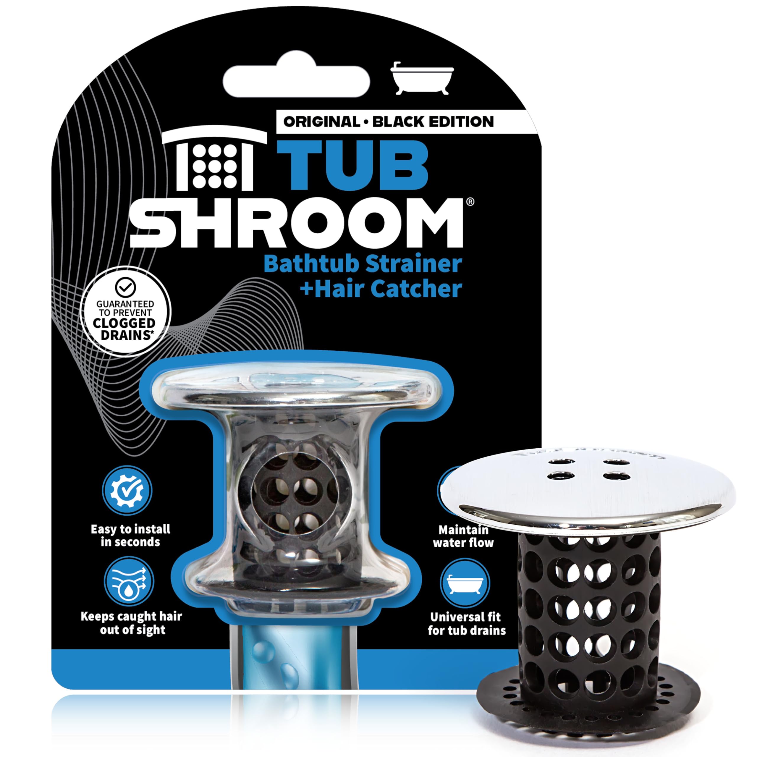 Tub Drain Hair Catcher, Black Chrome – Protector and Catcher for Bathroom Drains, Fits 1.5” 1.75” Bathtub Shower Drains