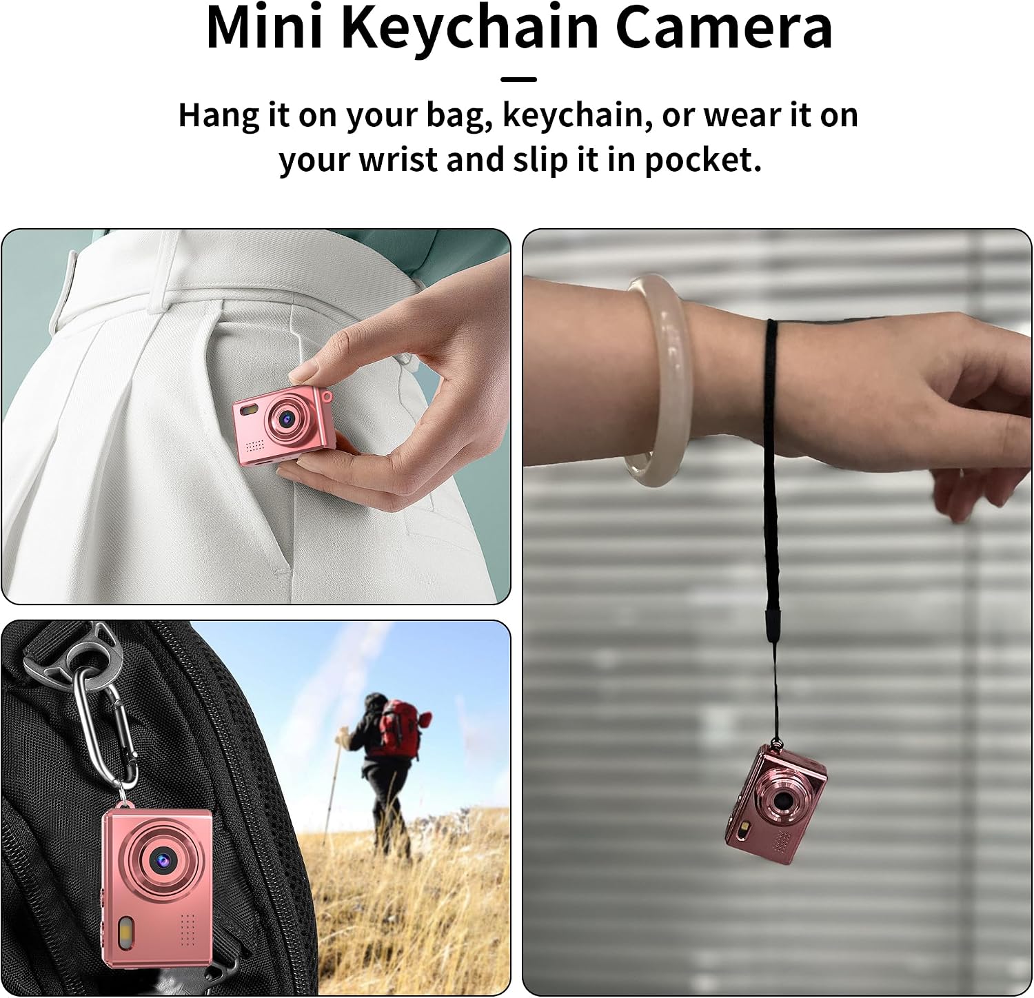 Mini Keychain Camera-1080P Mini Retro Digital Camera with 0.96" Screen 16GB Card,Portable Video Recorder with Filters for Kids, Teens, Beginners (Rose Gold)