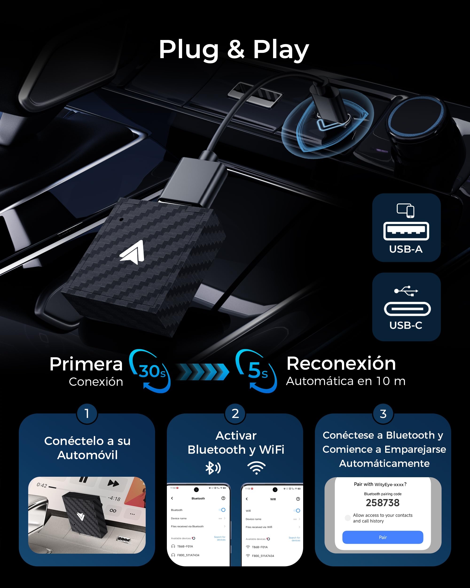 Adaptador Android Auto Inalámbrico, Bluetooth V5.3 Conexión Estable, 5.8GHz WiFi de Alta Velocidad, USB A/C, para Smartphone Android 11+, Convierte Conexión con Cable en Inalámbrica