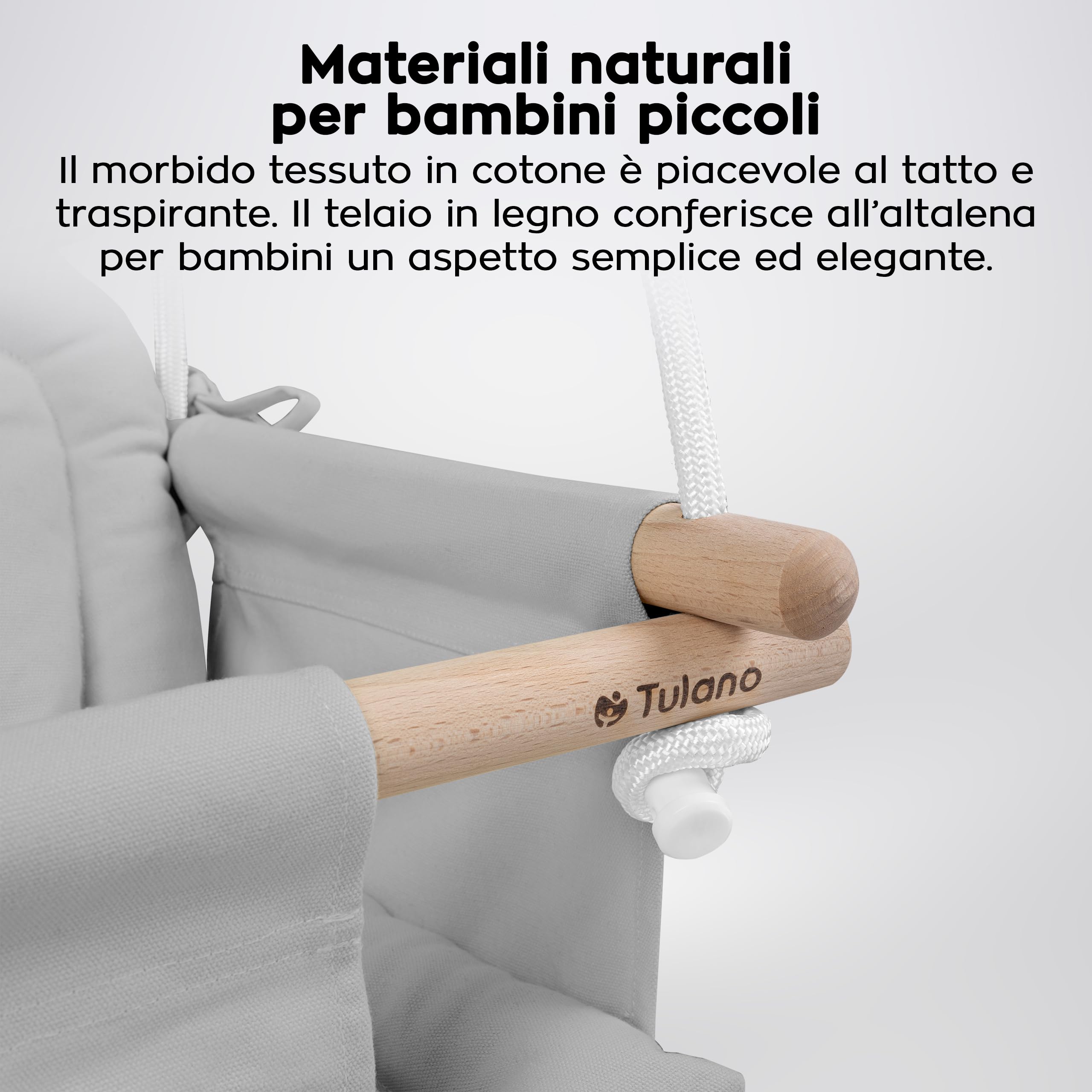 Tulano Hop 30 Altalena per bambini 6-36 mesi - Per interno ed esterno - Con cintura di sicurezza e cuscino - In legno e cotone - Facile da installare - Resistente fino a 36 kg – Grigio