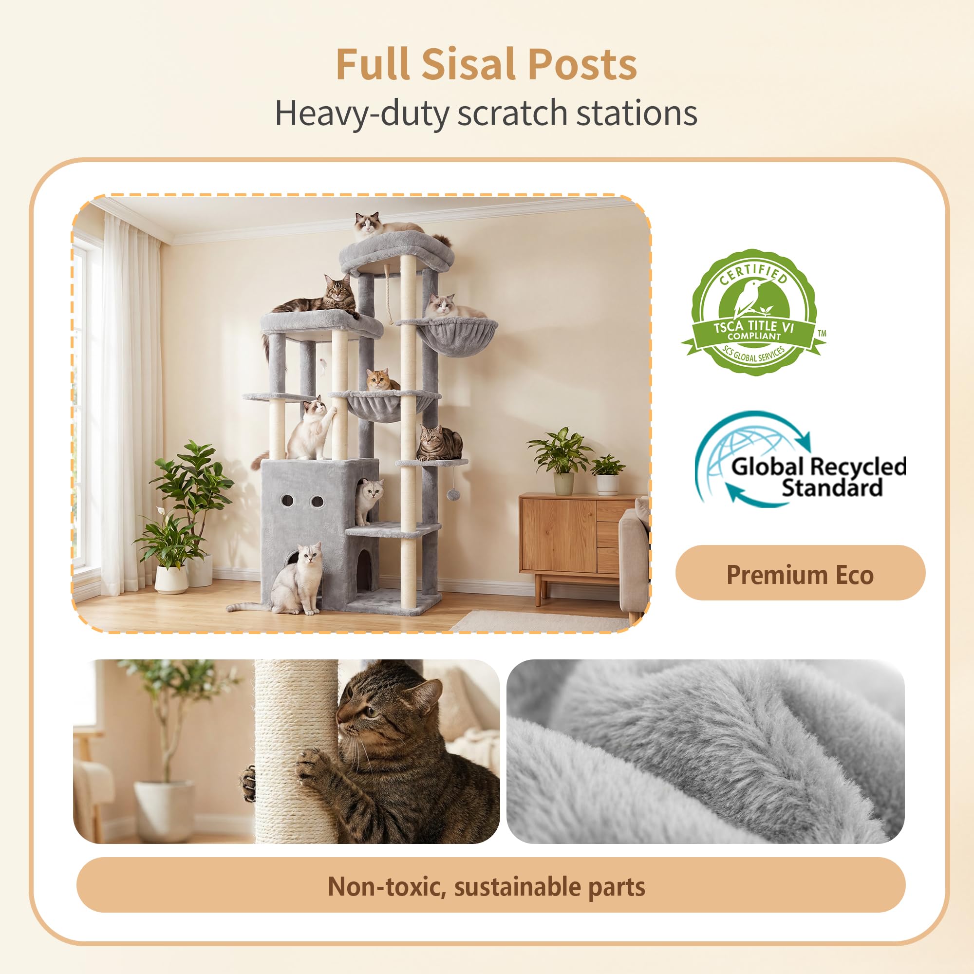 Heybly Árbol para Gatos 177 cm con 2 Plataformas Cesta Hamaca Cueva | 2 plataformas superiores,cueva doble,pelota y ratón de juguete,felpa suave,postes de sisal,para interior, Gris Claro HCT065W