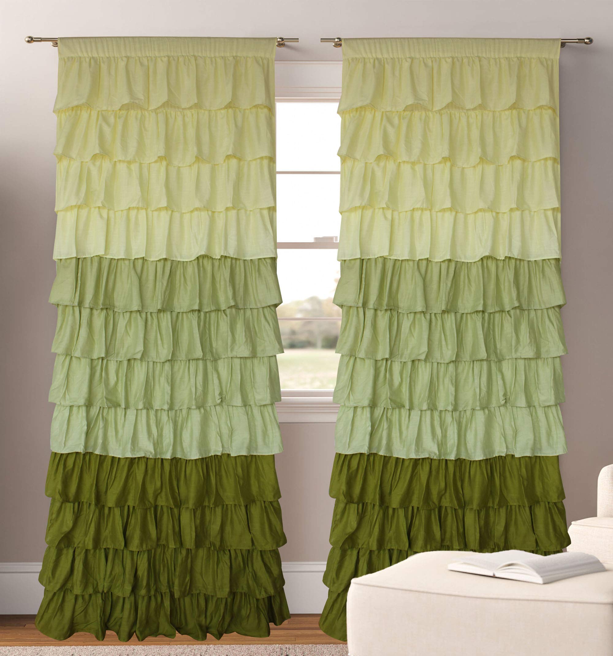 Dekor World Cotton Three in one Ultimate Ruffle Rod Plaid Curtain Set (Green, 9)
