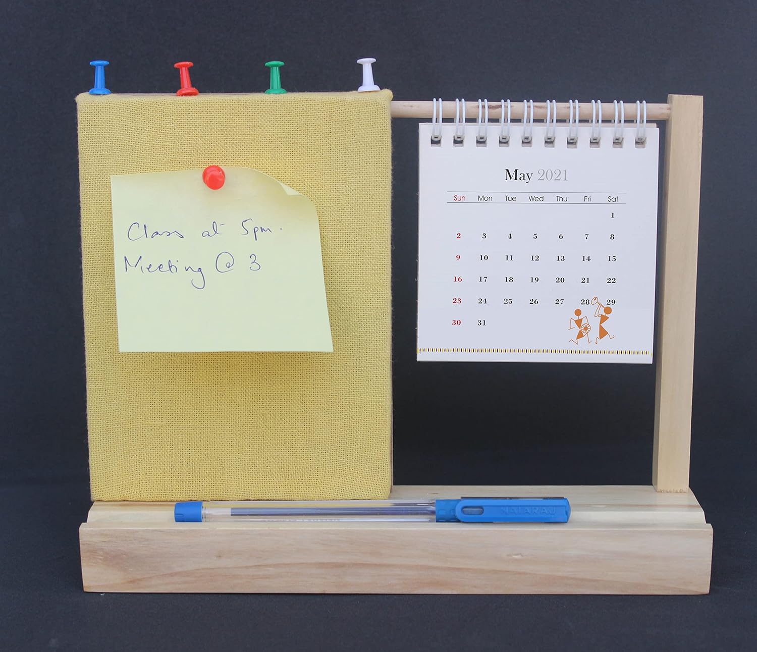 IVEI Warli Desk Calendar with Pin Board - Desk Organizer - Utility Desktop Calendar - Table Top Calendar Set - Desk Calendar Holder with Pin Board for Home, Office Desk Decor, Study Room - Yellow