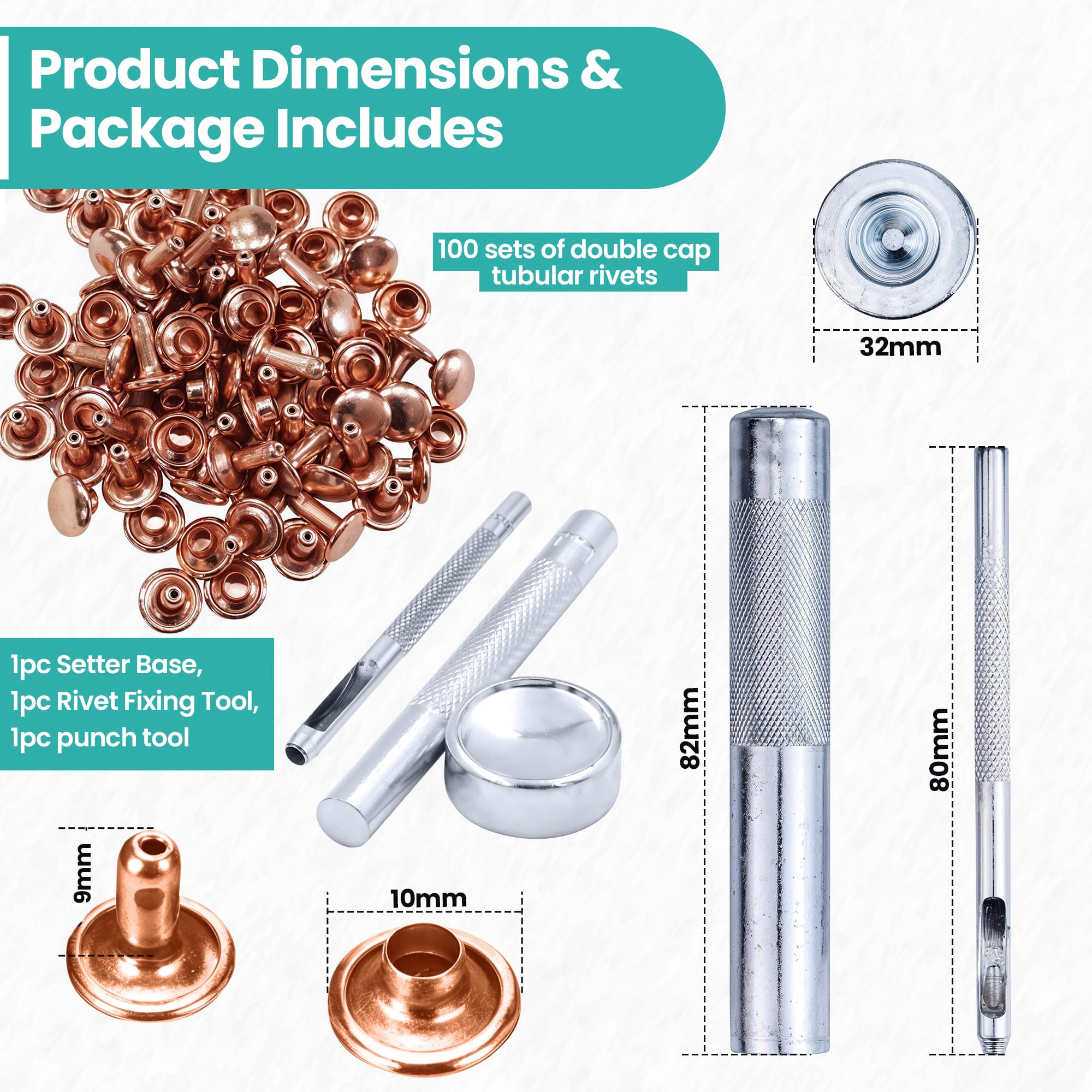 Trimming Shop 100 Set Leather Rivets with Fixing Tool Kit, Double Cap Rivets Tubular Metal Studs with 3 Pieces Hand Tool Set for Lathercrafts, Repair Clothing, Handbag, Rose Gold, 10mm
