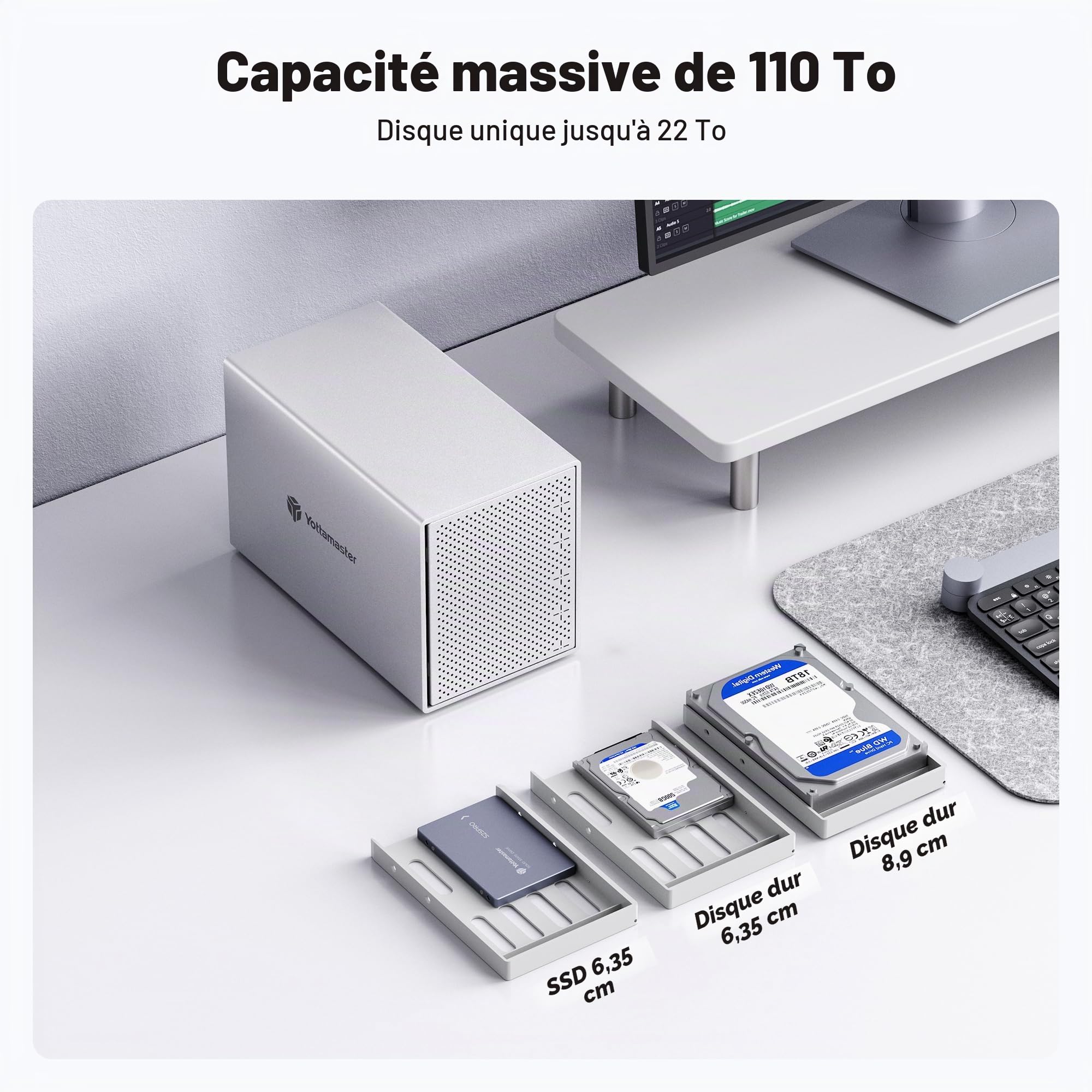 Yottamaster 5 Baies Boîtier Disque Dur pour 2.5/3.5" SATA HDD/SSD, Externe Aluminum USB Tybe-B Jusqu’à 5 × 22 to Max 110 to Hard Drive avec Ventilateurs de 80mm