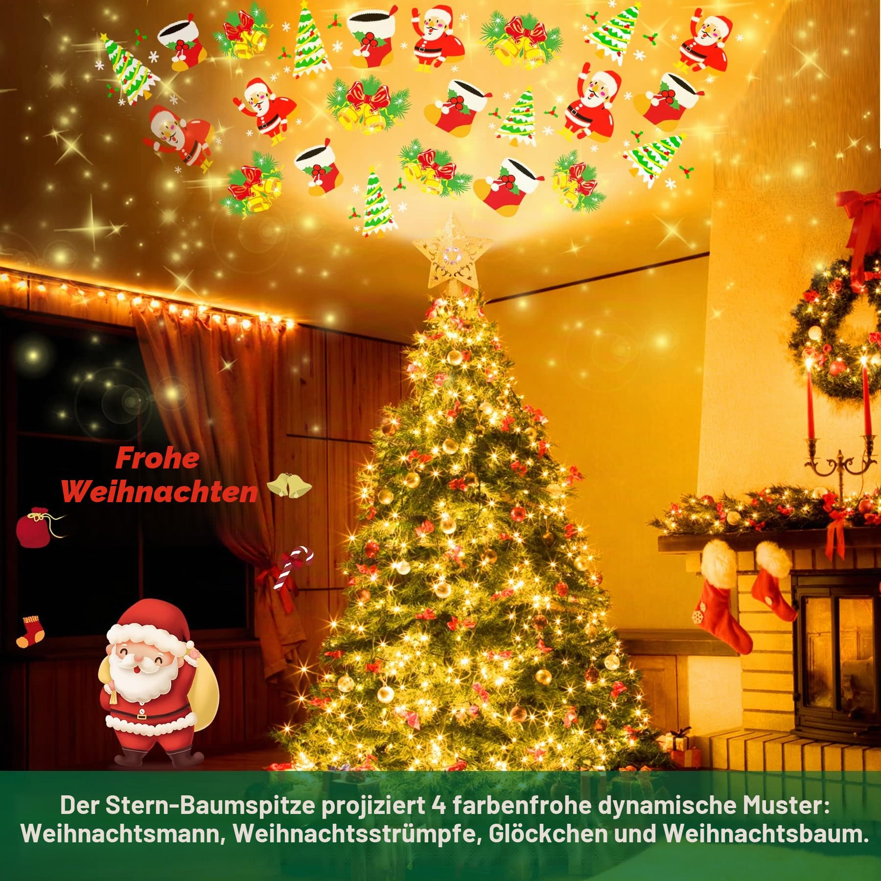 Stern Weihnachtsbaumspitze Christbaumspitze Beleuchtet mit Eingebautem Rotierendem LED-Projektor Tannenbaumspitze 23CM Glitzer Stern Spitze Baumspitze Christbaumkrone für Weihnachtsbaumschmuck