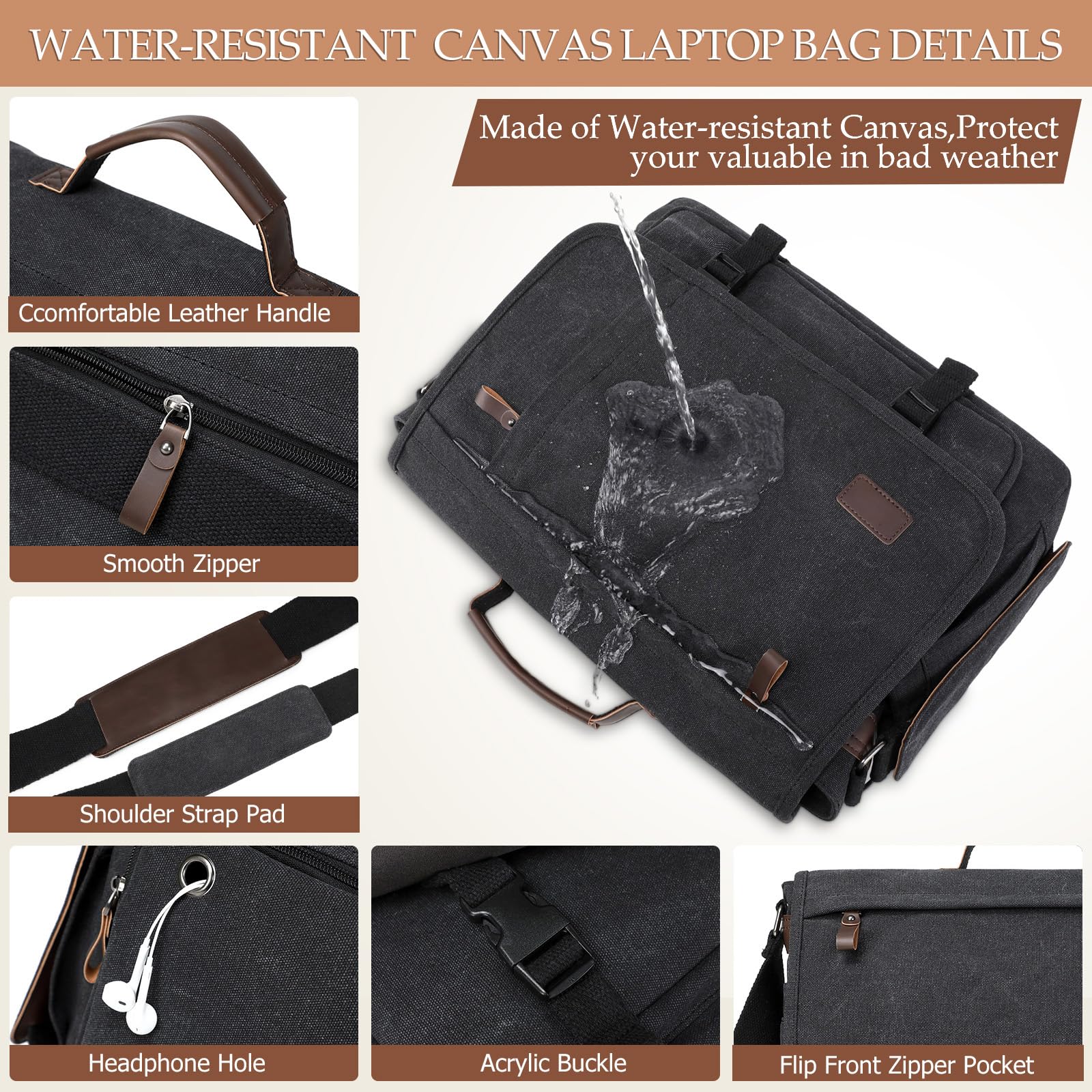 Kuriertasche für Herren, 39,5 - 43,9 cm (15,7 - 17,3 Zoll): 2 Stück Laptoptasche, Arbeitstasche, Leder, Leinen, Aktentasche, Handgepäcktasche