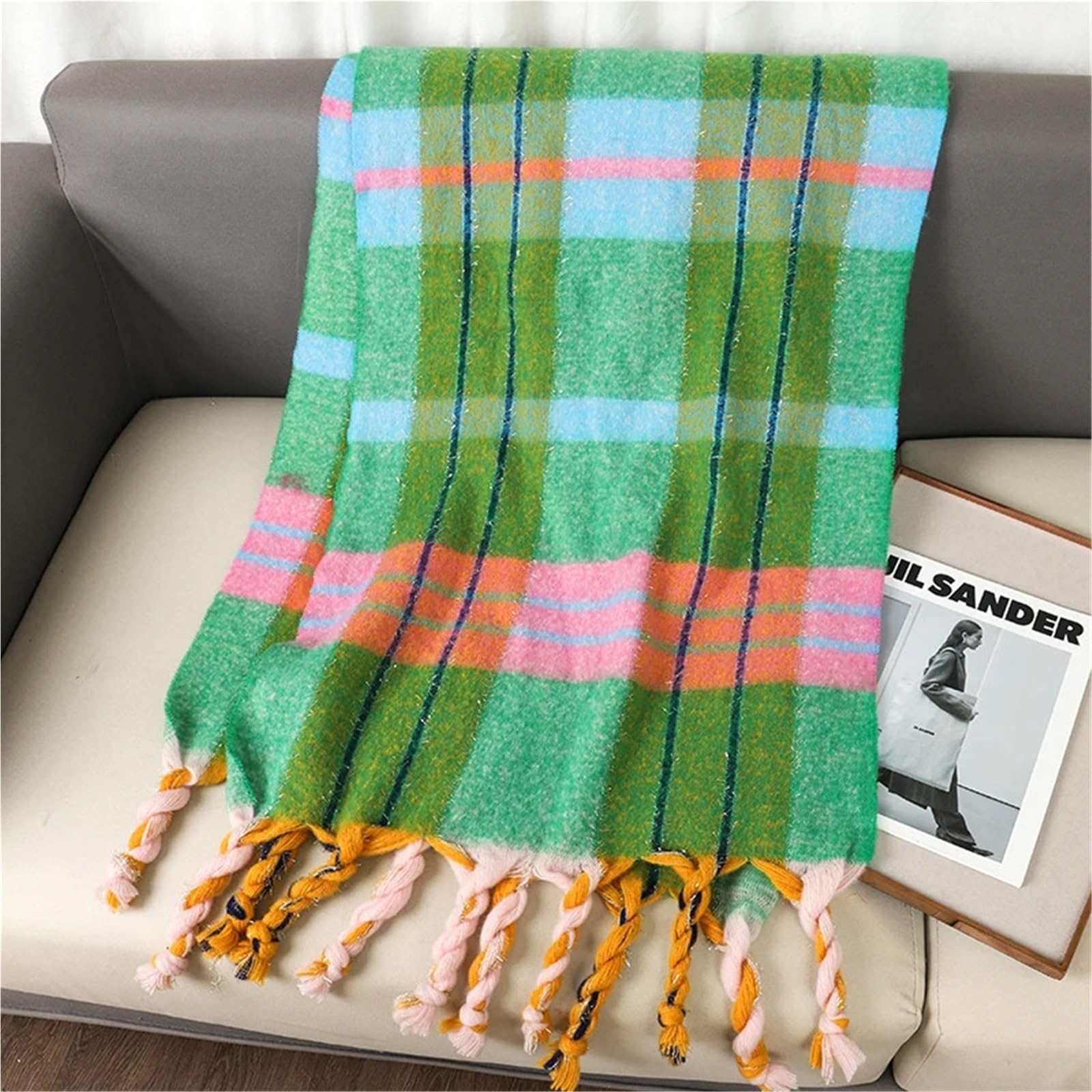 Sciarpa di Lusso in Cashmere Scozzese da Donna, Calda Pashmina Invernale con Nappe e boli di Pelo, Elegante Scialle(DS038-01)
