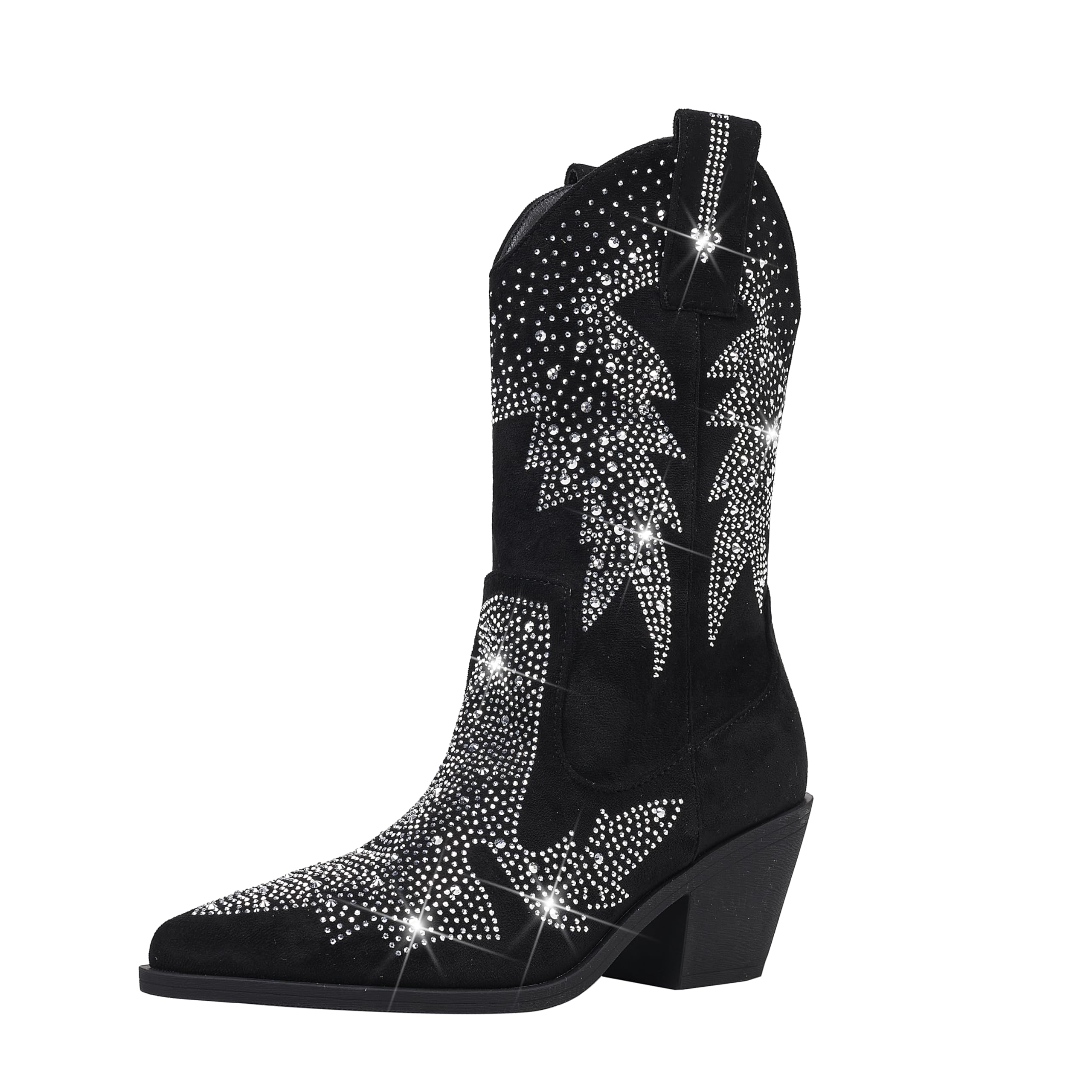 Bapolee Women's Sparkly Rhinestone Bling Cowgirl Suede Western Boots Shiny Pointed Toe Chunky Heel Glitter Ankle Booties