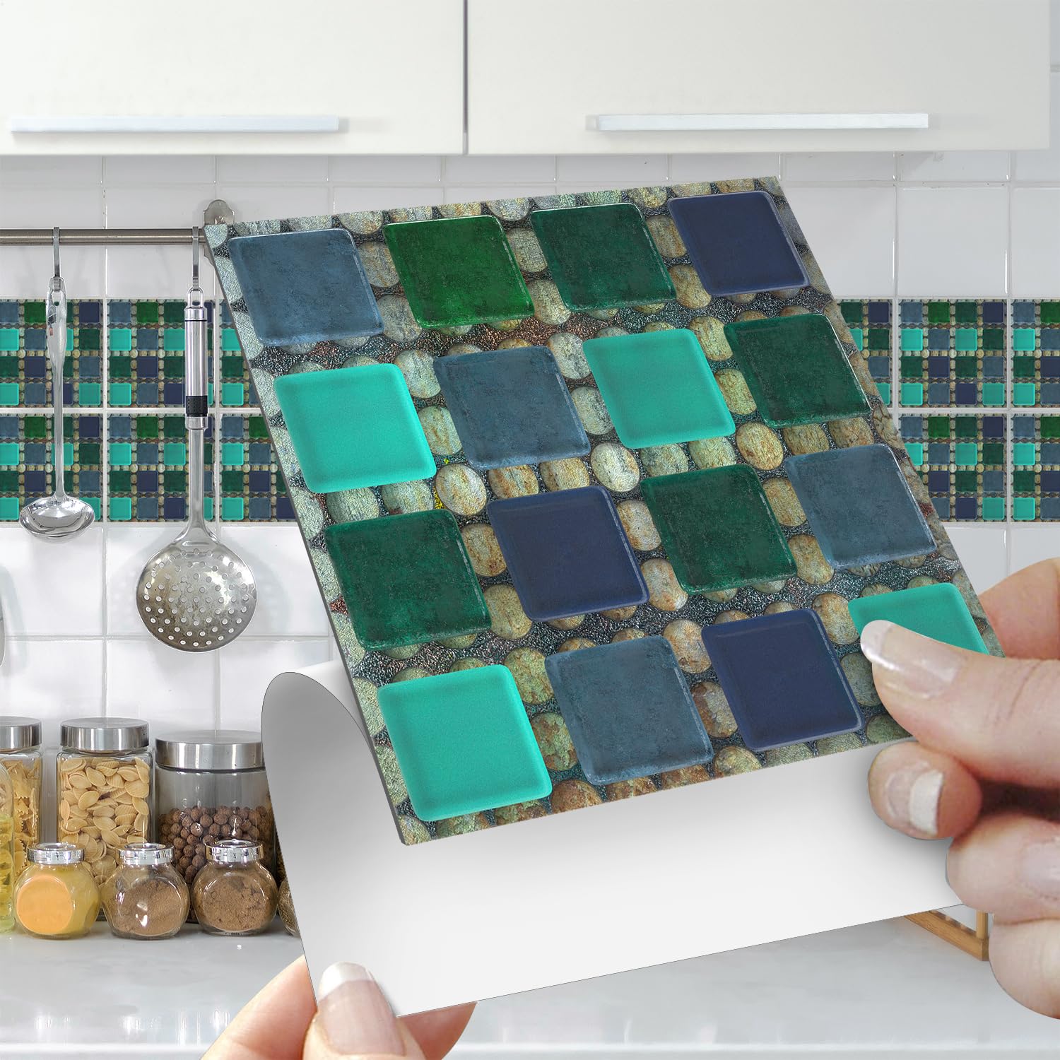 25Pcs Peel&Stick Mosaic Wall Tile Transfers for Home Decor, 4x4inch Self-Adhesive Waterproof Vinyl Splashback Sticker Tile Decal for Kitchen Bathroom, Green and Blue Glass