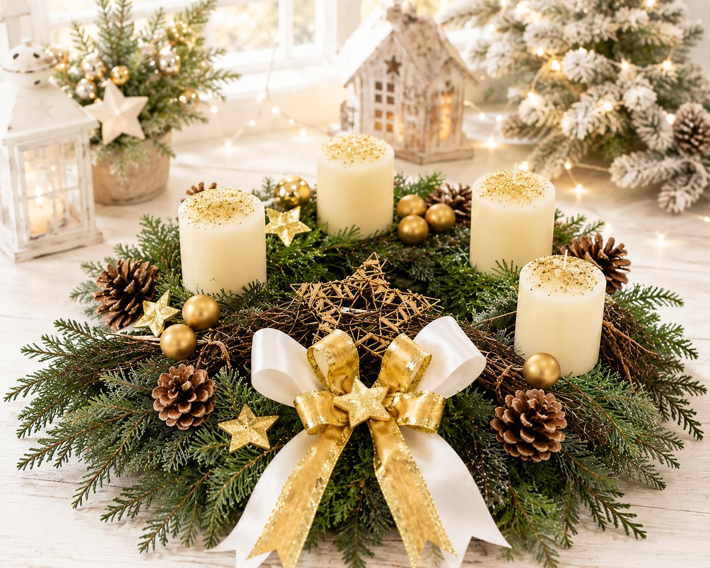 Adventskranz frisch Creme Gold 35 cm Weihnachten Advent Gesteck Tanne C