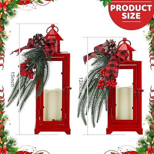 Vista 7 de Baquler 2 piezas de linternas de vela de metal rojas para Navidad y velas falsas LED de 12'' y 15'' linternas decorativas con adorno de Navidad