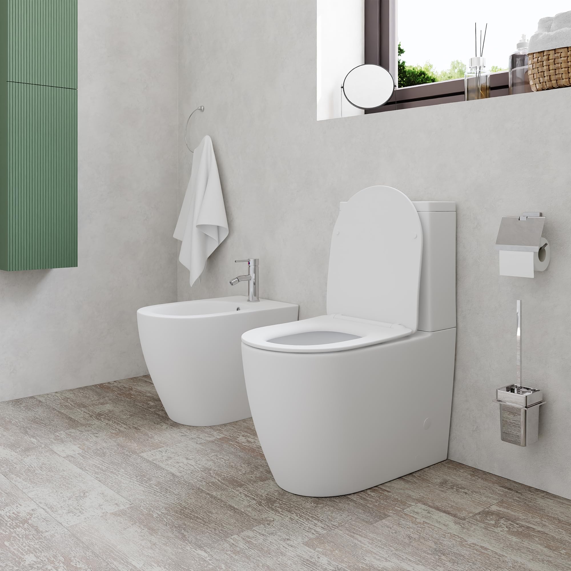 Coppia di sanitari filomuro vaso monoblocco rimless e bidet bianco opaco | Europa