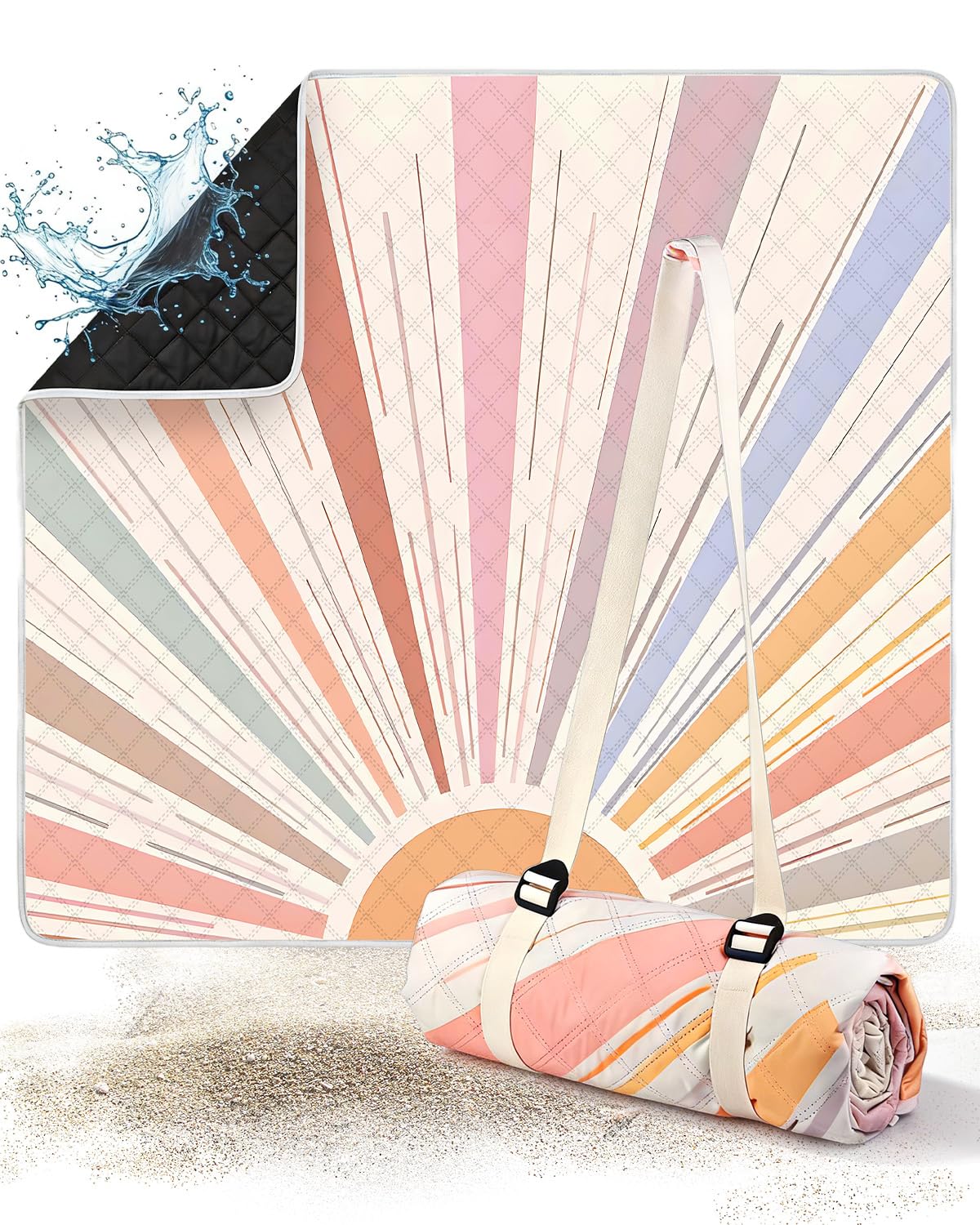 Picknickdecke 200x200 cm, Wasserdicht & Waschbar, Dreischichtige Struktur, Faltbare Stranddecke für 4-6 Personen, Tragbar Campingdecke mit Trageriemen für Picknick, Camping, Strand