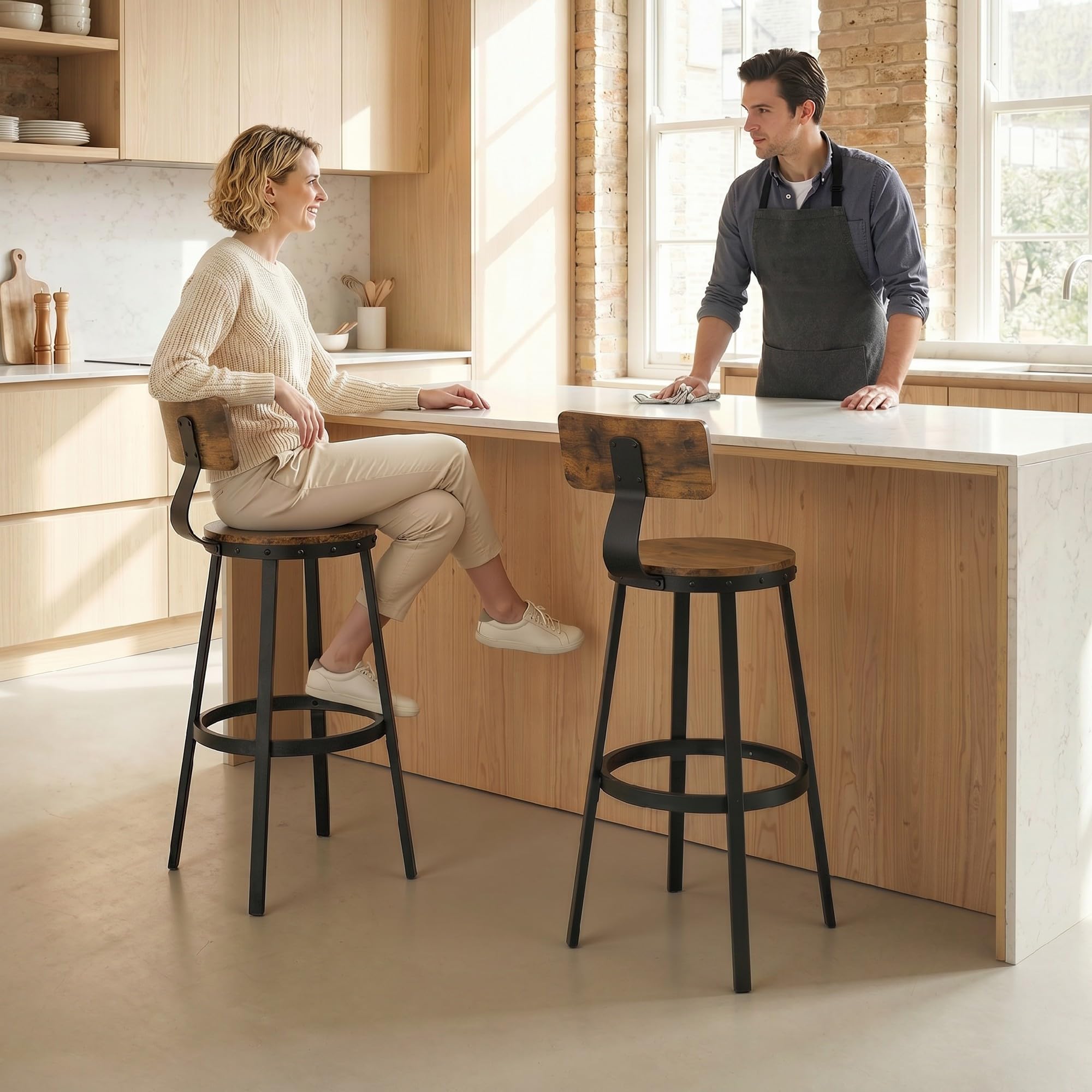 HOMCOM Set 2 Sgabelli Bar Cucina, Schienale, 73.8cm, Marrone Rustico | Industriali, Poggiapiedi, Struttura in Metallo, Sedie Alte, per Penisola, Sala da Pranzo, Bancone