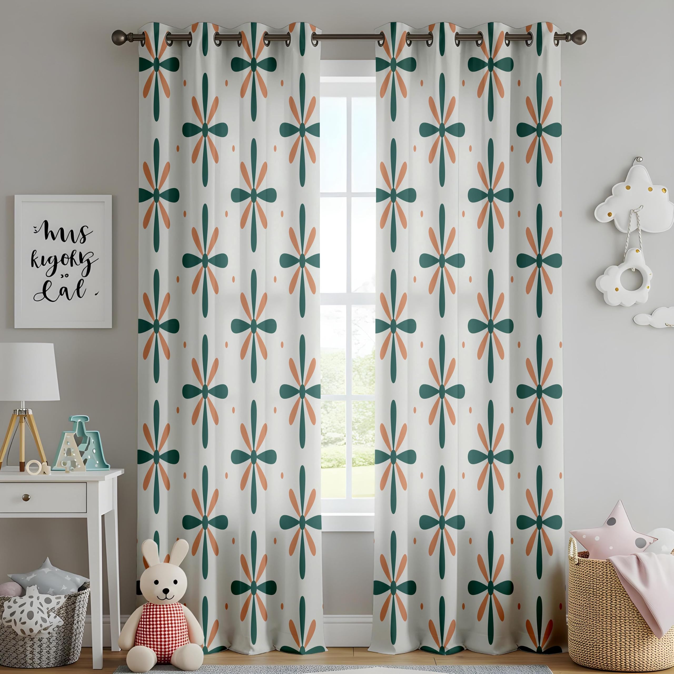 Rideaux occultants pour Chambre à Coucher, 2 Panneaux, Rideaux à Motifs Floraux Bleu Sarcelle et Orange, Rideaux rétro pour Salon (L x H / 2 x 115 x 240 cm)