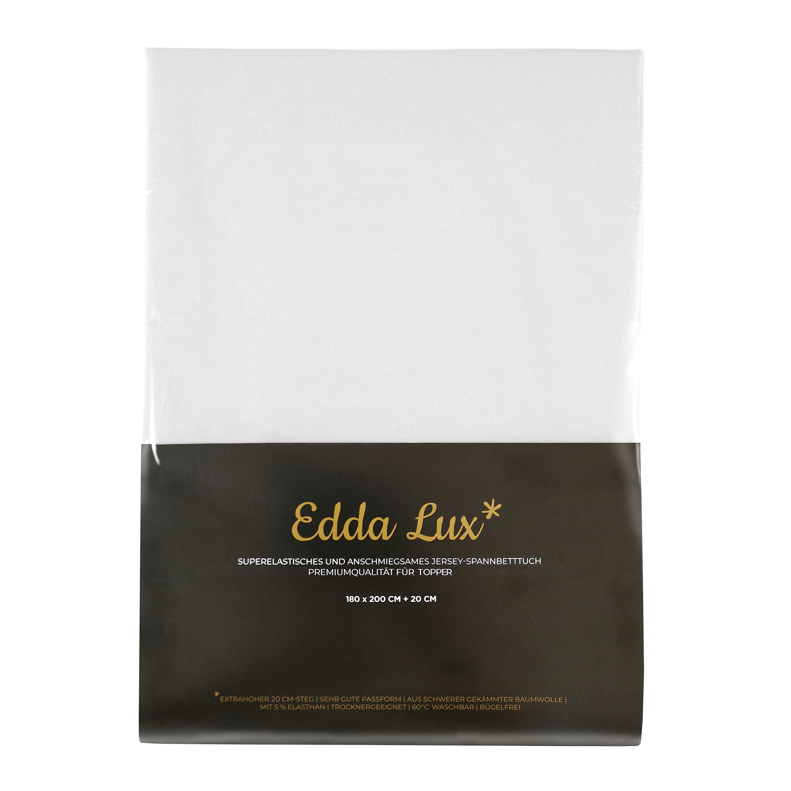 EDDA LUX Spannbettlaken für Topper in 180 x 200 cm, Öko-Tex, Baumwolle m. 5% Elasthan, Weiches Premium Spannbetttuch für Matratzen Topper mit 4-8 cm Höhe, in Weiß