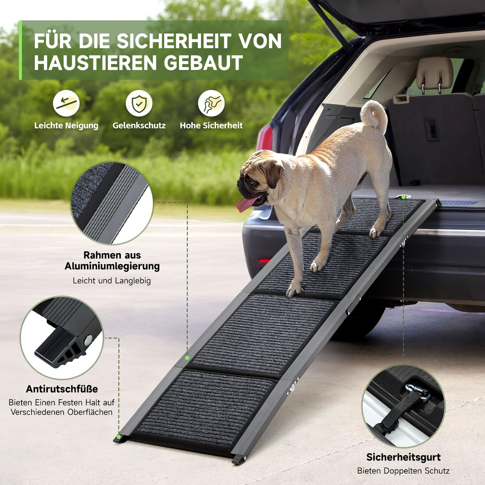 The Fellie Große Hunderampe Auto Klappbar 160CM, Hundetreppe Mit Rutschfester Teppichoberfläche Für Große, Mittlere Und Kleine Hunde, Tragbare Hunderampe Für SUV & LKW, Hundetreppe Bis Zu 100KG