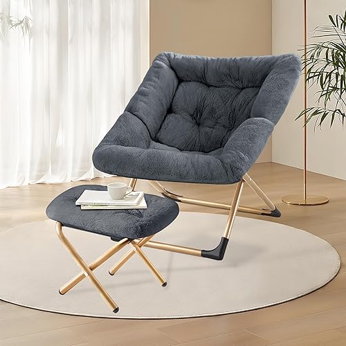 Miniatura 8 de Silla Platillo Cómoda de Tamaño Grande con Otomana, Silla de Descanso de Lectura de Piel Sintética Suave para Adultos, Marco de Metal X-Large