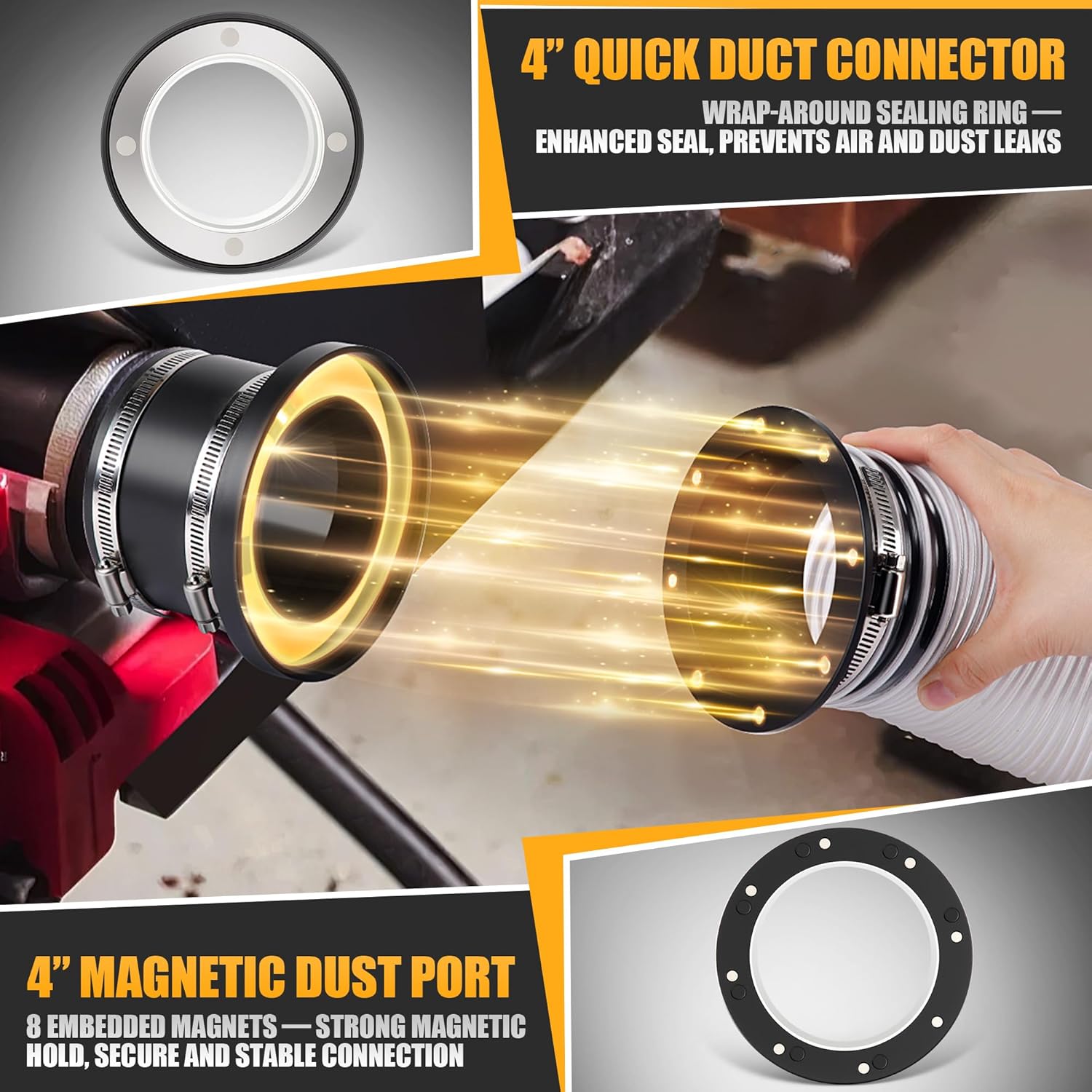 Saillong 4" Magnetic Dust Collector Fast Connect System – Starter Kit with Neodymium Fittings, Hose Couplers & Clamps for Workshop Dust Collection(Rubber Joint)