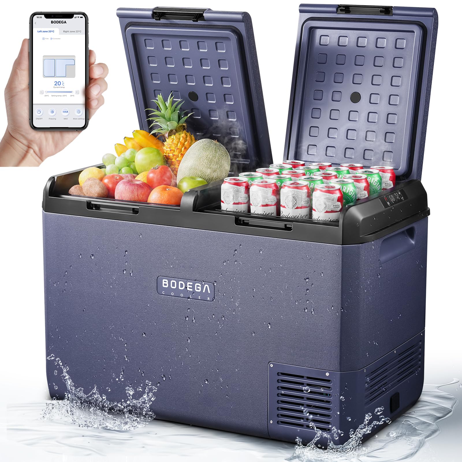 BODEGACOOLER 12 Volt Car Refrigerator, 79QT(75L) IPX4 Waterproof Electric Cooler, RV Car Fridge Dual Zone APP Control with 12/24V DC 110-240V AC, -4℉~68℉, Portable Freezer for Truck RV Camping,Travel