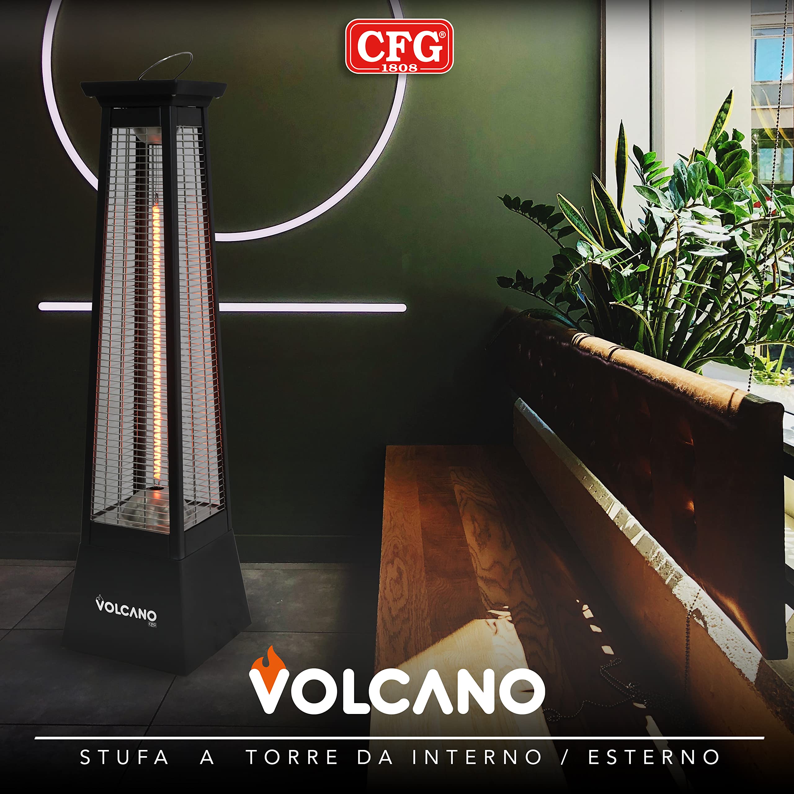 LUCE QUADRA VULCANO, stufa con resistenza al carbonio 2.000W, h 80cm, ER036