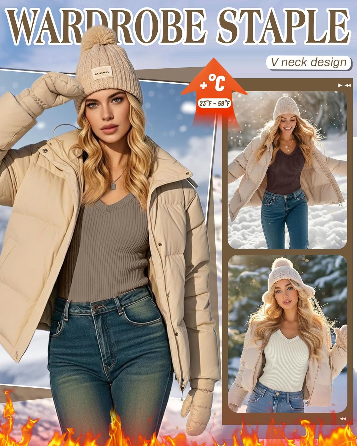 3 Pack Women's Ribbed Long Sleeve V Neck Tops Thermal Undershirt Fall Winter Stretch Slim Fitted Basic Tee Shirts - Image 2