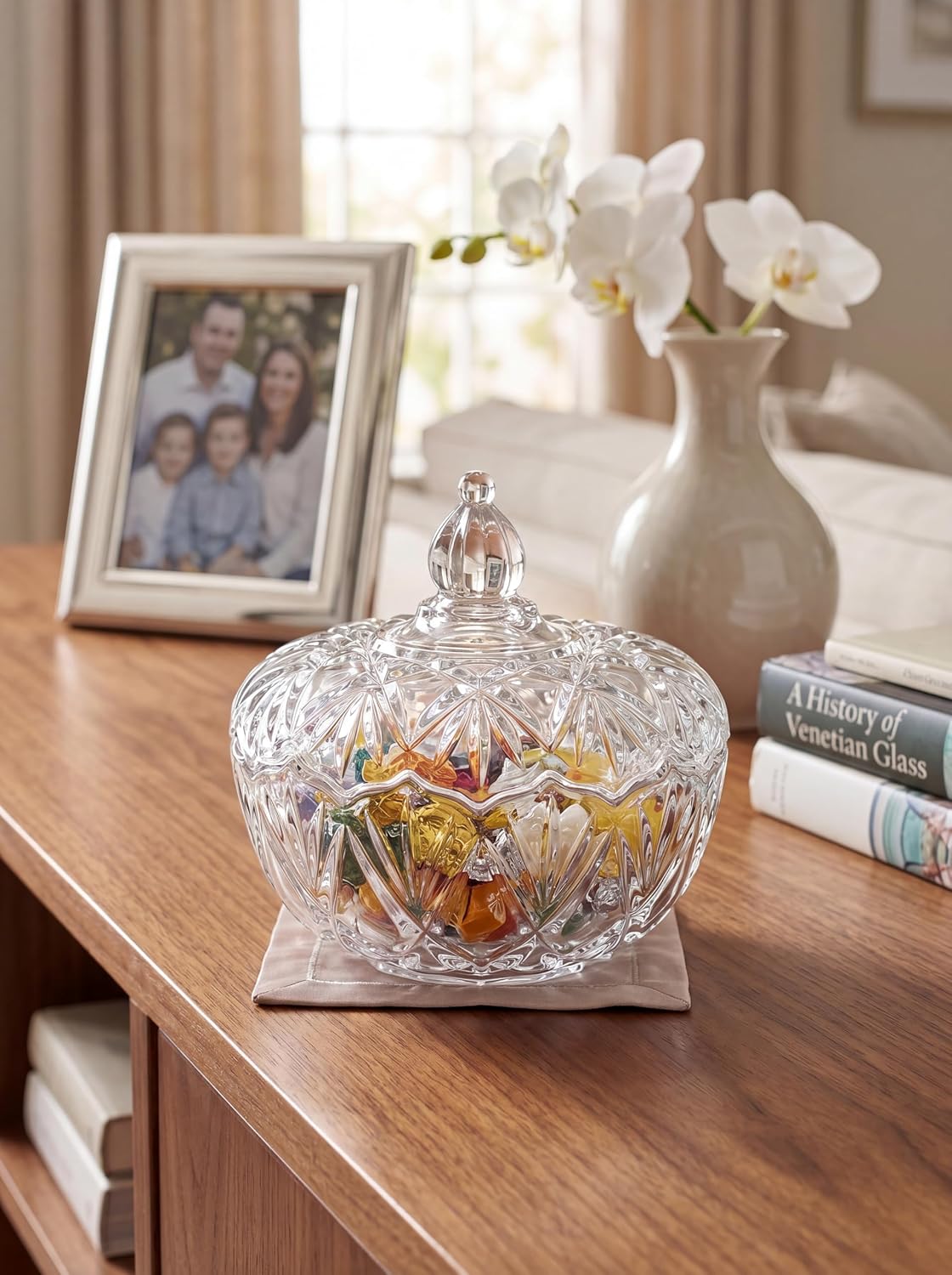 Mikasa Saturn Crystal Glass Candy Dish with Lid, 6.25 Inch Covered Candy Bowl, Elegant Serveware for Home Entertaining, Sparkling Accent Piece, Comes in Gift Box