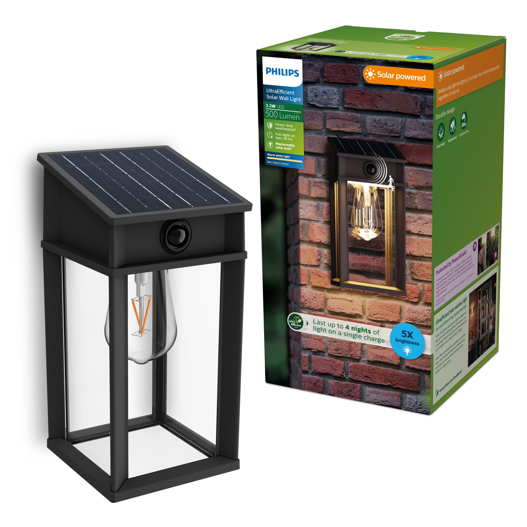 Philips Geri Applique solaire murale UltraEfficient extérieur, Ampoule solaire remplaçable, Détecteur de mouvement, 2700K, Noir