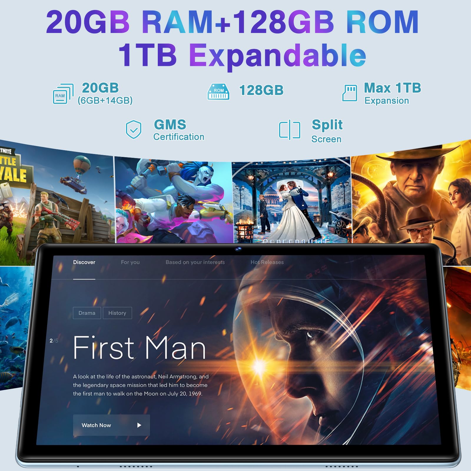 2026 Neuest Tablet 10 Zoll Android mit 20GB RAM + 128GB ROM (TF 2 TB), Octa Core, 5G Wi-Fi 6, Bluetooth 5.0, 6000 mAh, Widget, 5MP + 8MP, Widevine L1, GMS Tablet 2 in 1 mit Tastatur und Maus - Blau - 5