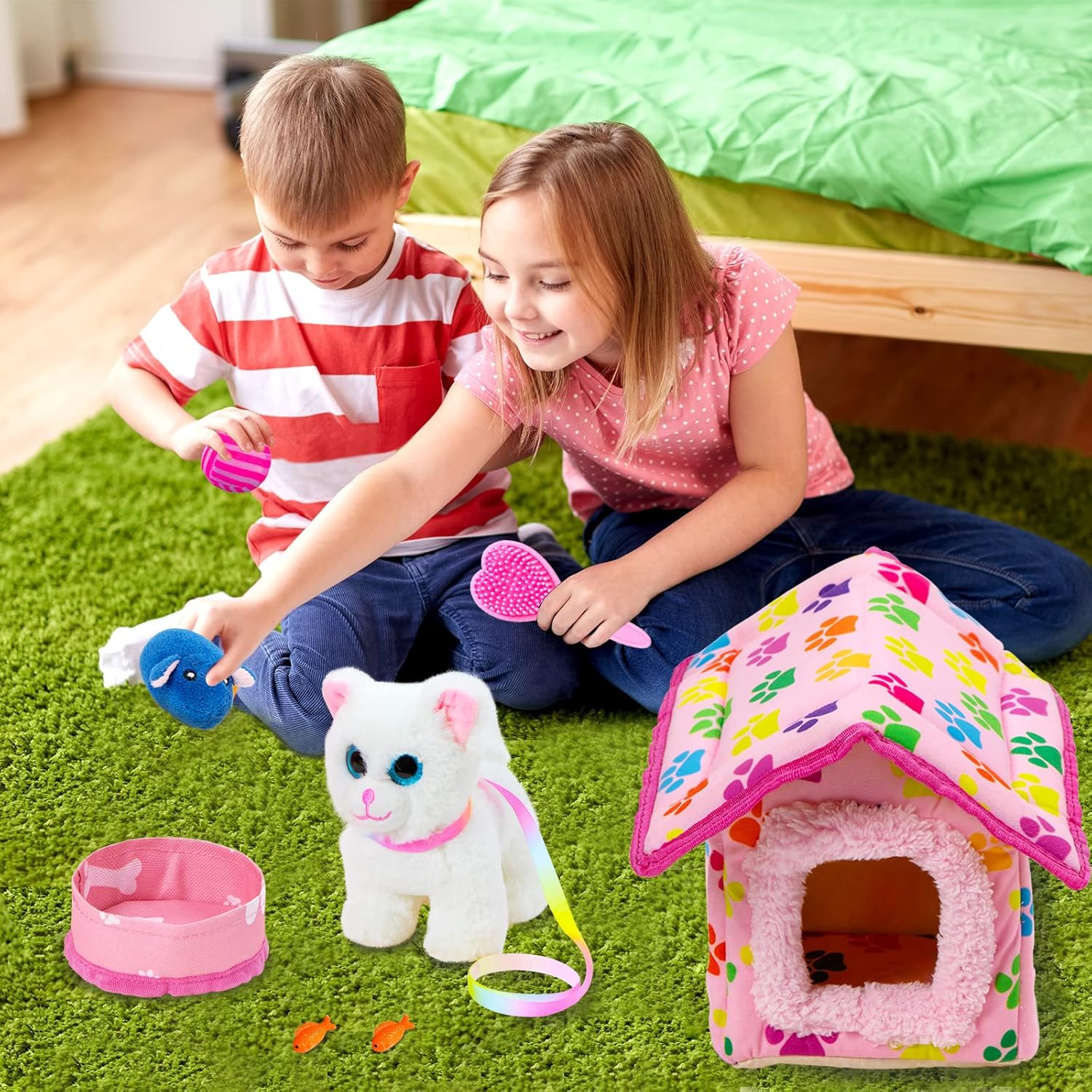 ZNTWEI American Doll Clothes and Accessories - Pet Kitty Play Set fit 18 Inch American Doll Including Pet Nest, Cat Pot, 18 Inch Clothes, Toy Ball, Hair Comb, Toy Fish