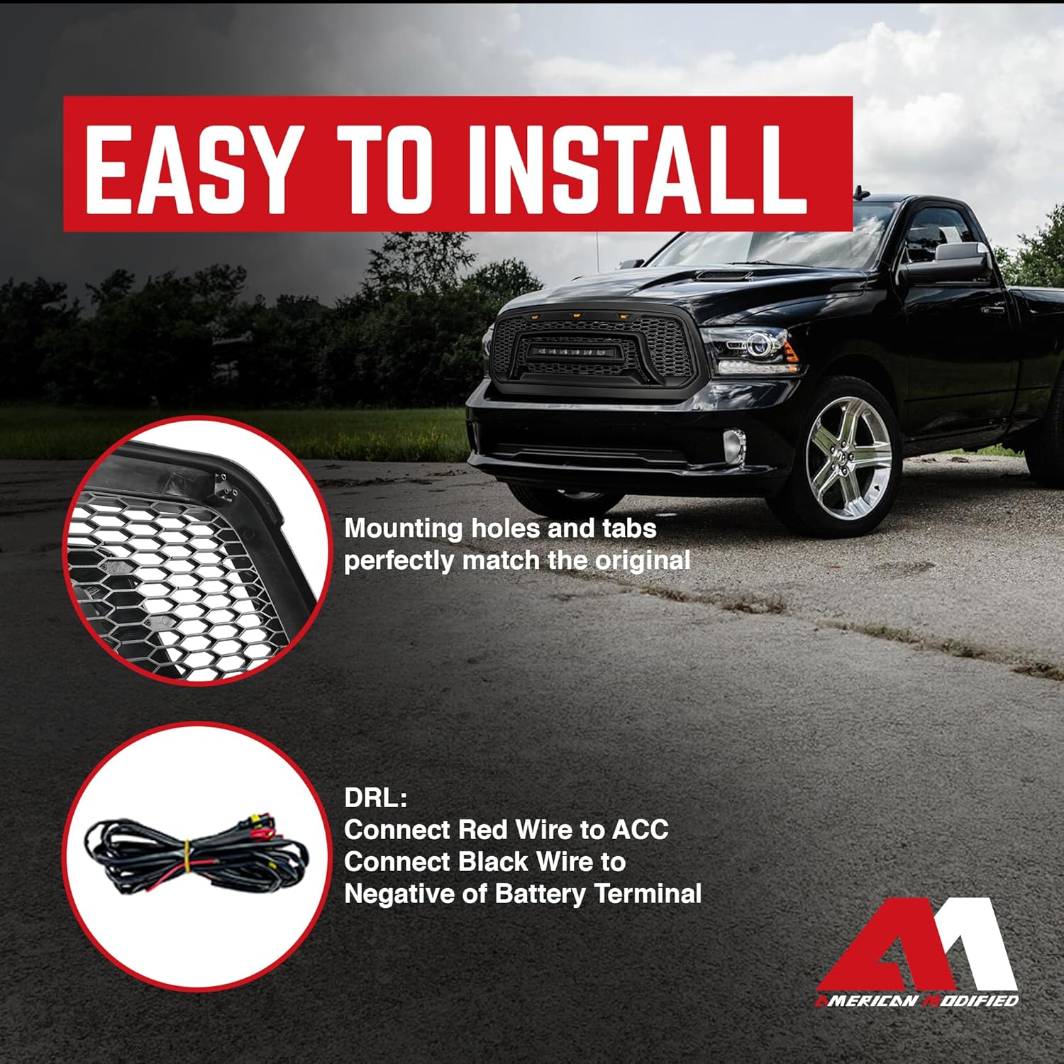 AMERICAN MODIFIED Front Grille Compatible with 2013-2018 Dodge Ram 1500, Replacement Grill w/Off-Road Lights, Matte Black