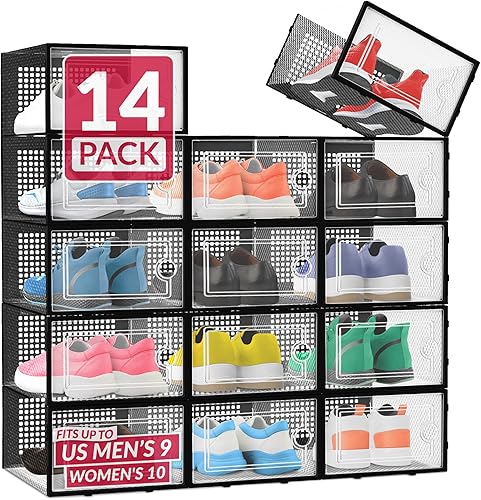 Reli. Cajas para zapatos (paquete de 14) | Cajas de almacenamiento de zapatos transparentes apilables y compactas | Caja de almacenamiento de