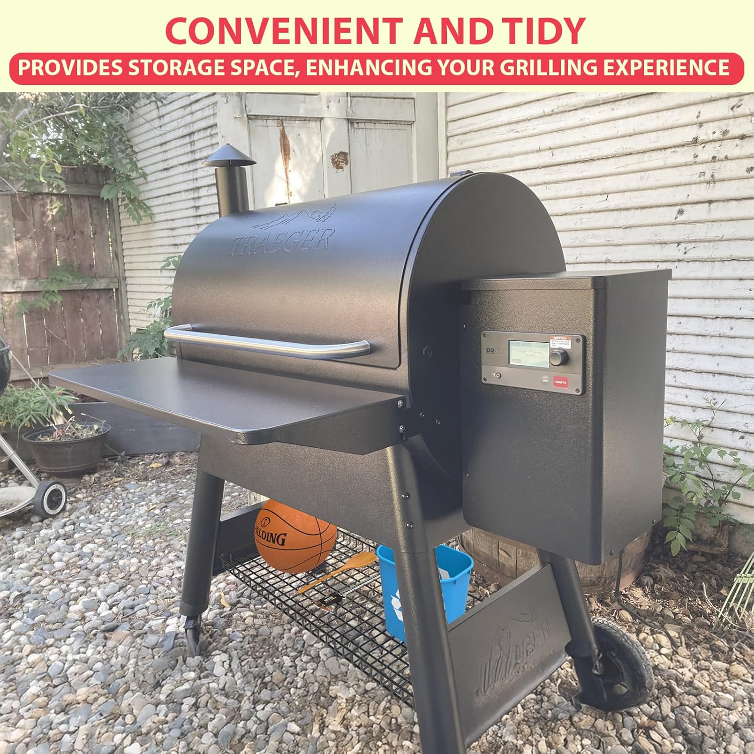 Pellet Grill Storage Shelf for Traeger Pro Series 780 Grill Accessories, Black Powder Coated Steel Pellet Grills Bottom Shelf for Traeger Ironwood 885 and Other Wood Pellet Grill Storage Container