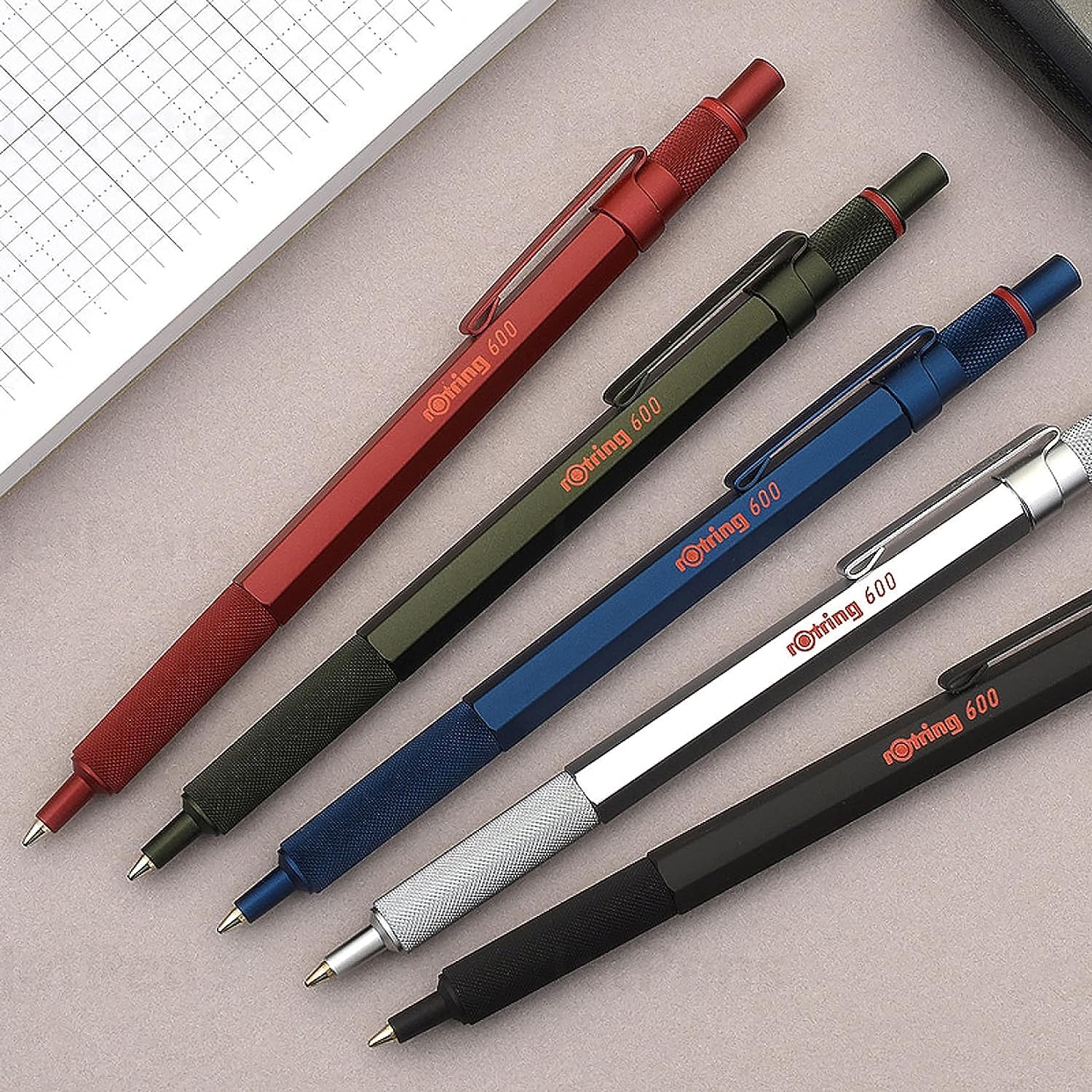 rOtring Set di 600 penne a sfera, punta media, inchiostro nero, fusto blu con impugnatura zigrinata antiscivolo, 5 ricariche nere (M) + foglietti adesivi