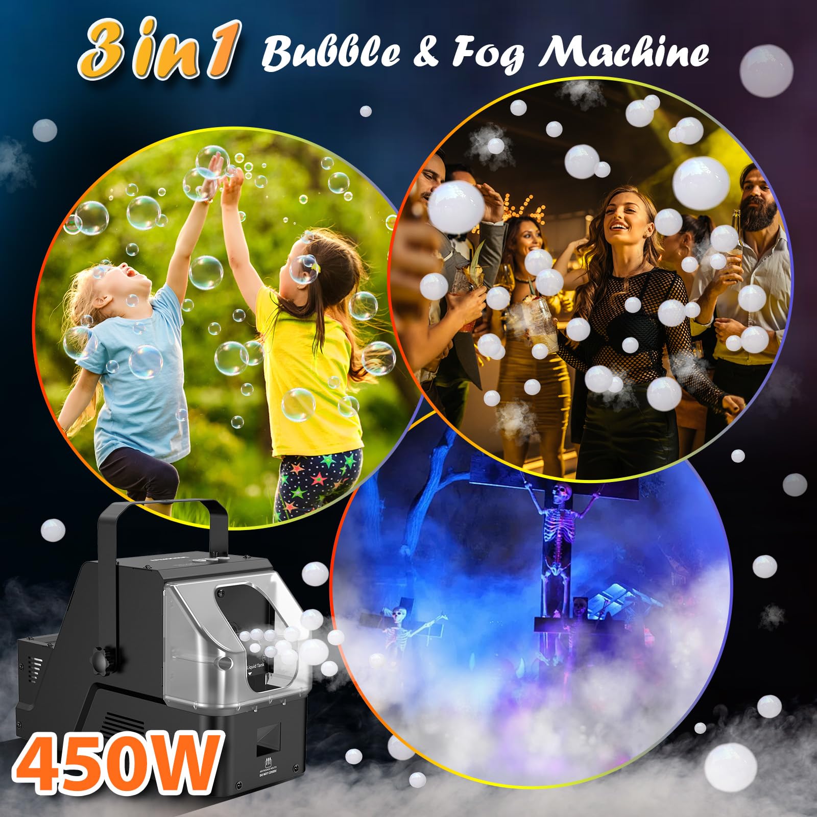 Smoke Machine, 3 in 1 Bubble Fog Machine, 450W Bubble Fogger with Remote Control, Make Colorful Bubbles | Fog Bubbles | Continuous Fog for Halloween Holiday Wedding Birthday Party