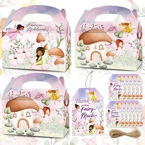 KARAQY Cajas de recuerdos de fiesta de cuento de hadas, 12 cajas de regalo de hadas con etiquetas de agradecimiento para niños, cumpleaños, baby