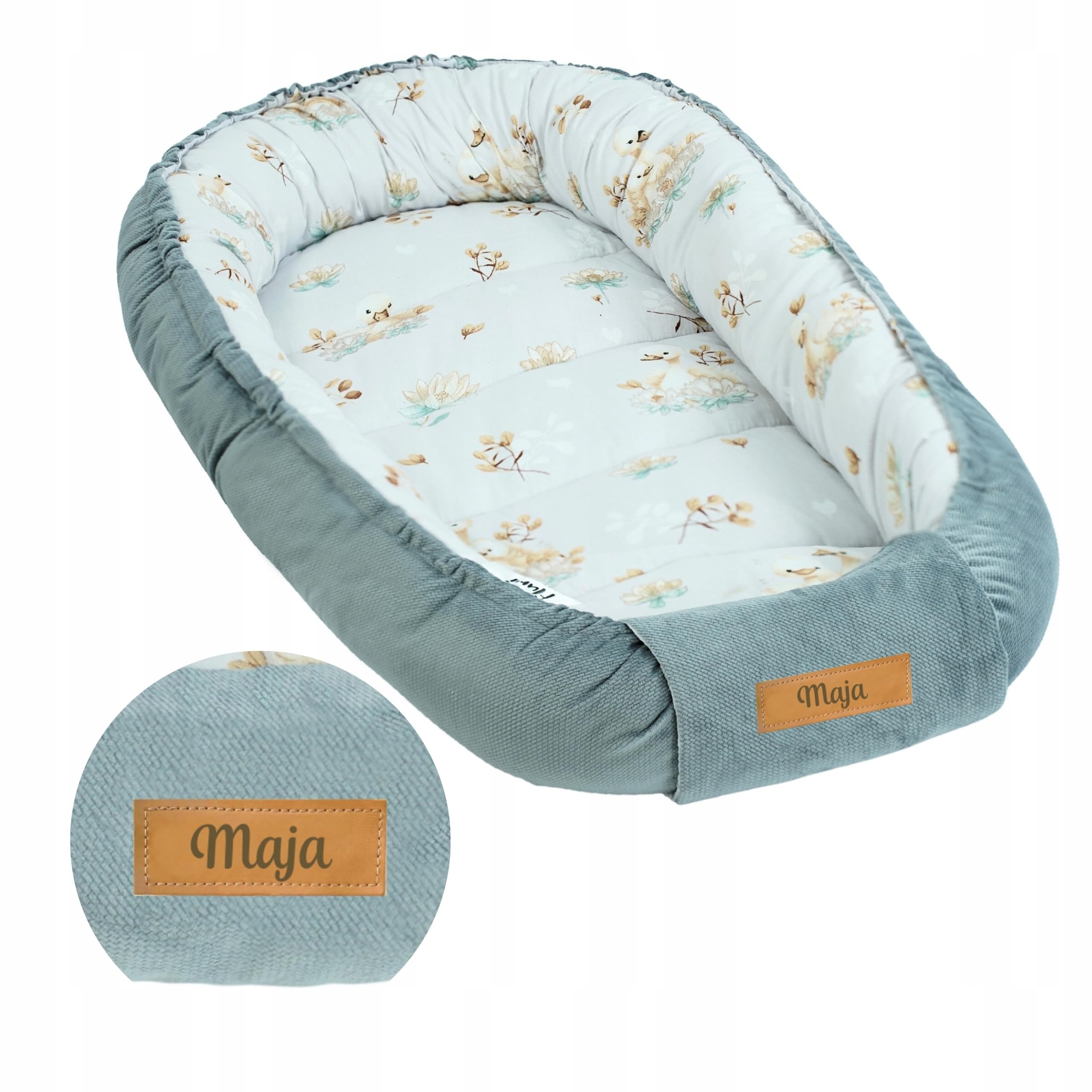 Baby Nest Pod for Newborn, Reversible Baby Lounger 0–12 Months, Cotton & Velvet Infant Nest, Baby Essentials, Personalised Baby Gift (Grey + Swans)